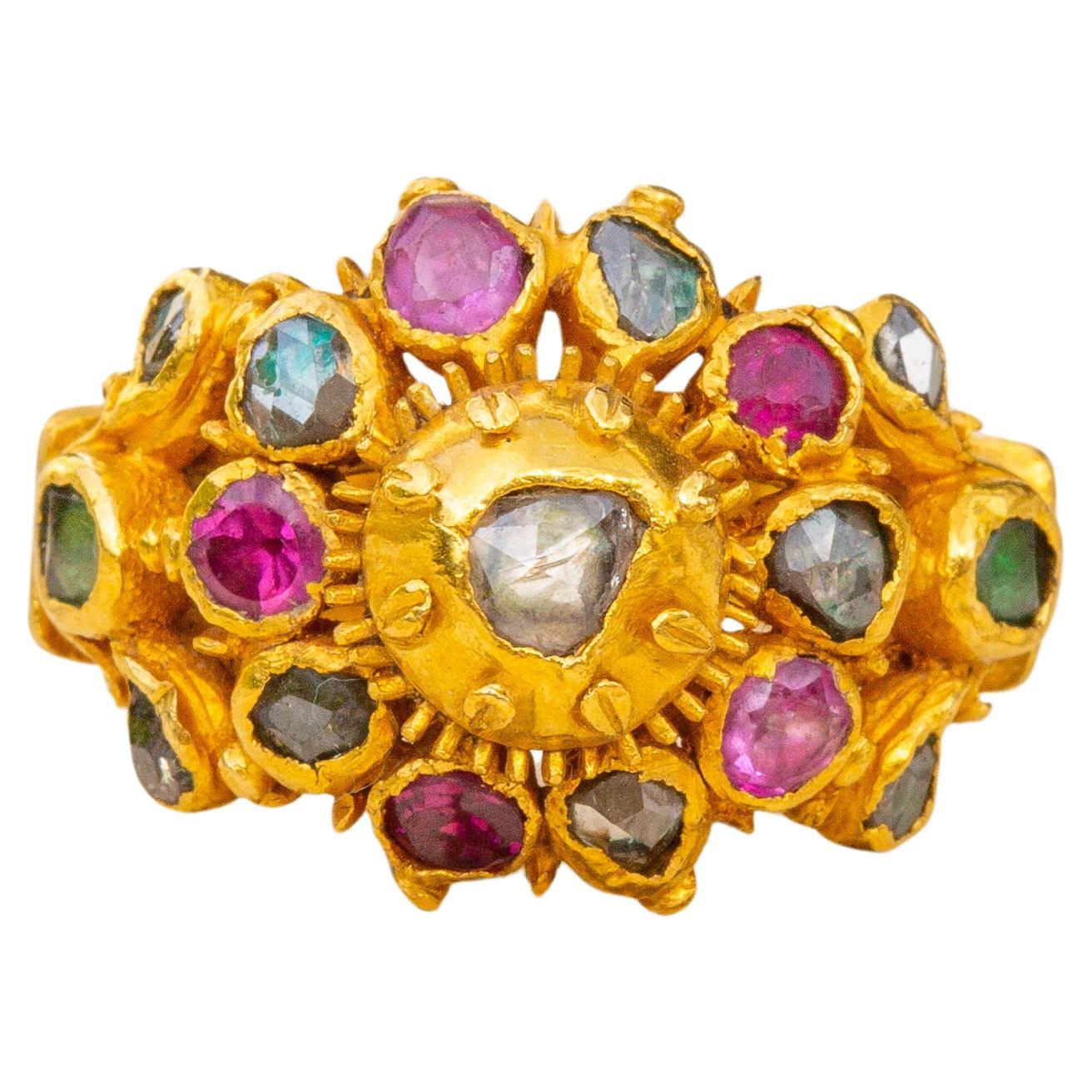 Antique Thai Siam 19th Century Gold Princely Gem-Set Cluster Ring Ruby Emerald