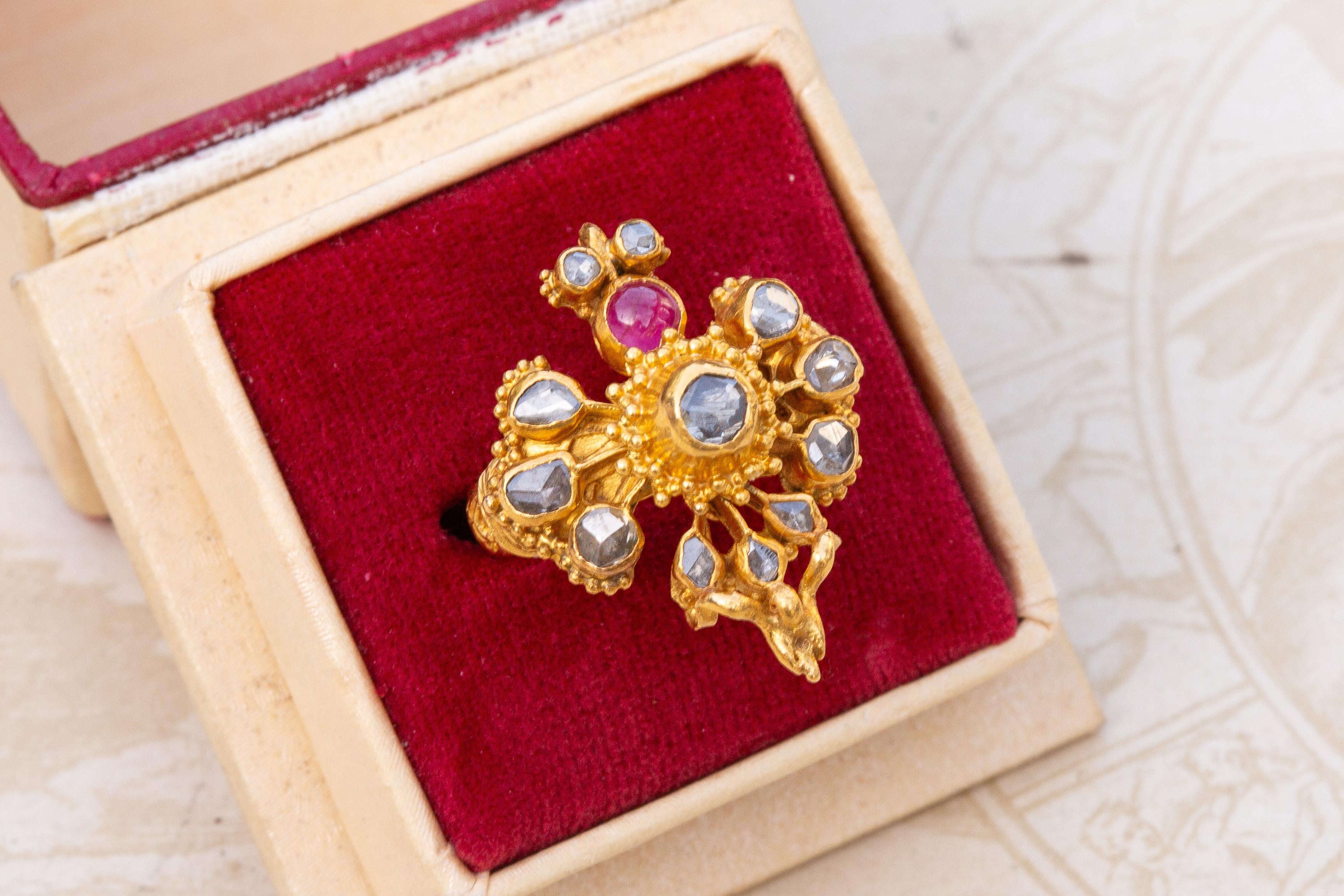 Antique Thai Siam 19th Century Gold Rose Cut Diamond and Ruby Garuda Bird Ring  For Sale 6