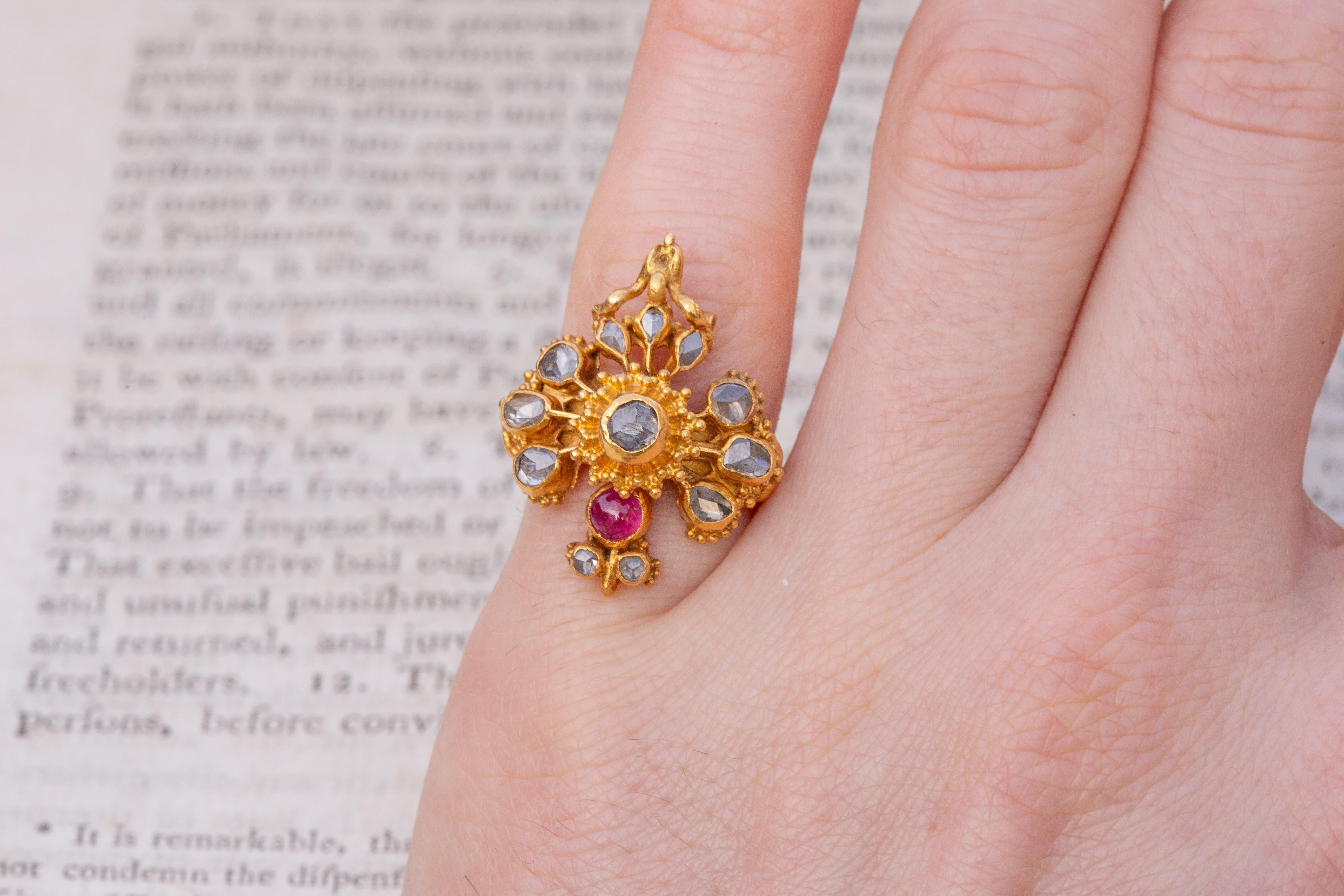 Antique Thai Siam 19th Century Gold Rose Cut Diamond and Ruby Garuda Bird Ring  For Sale 10