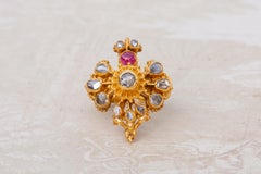 Antique Thai Siam 19th Century Gold Rose Cut Diamond and Ruby Garuda Bird Ring