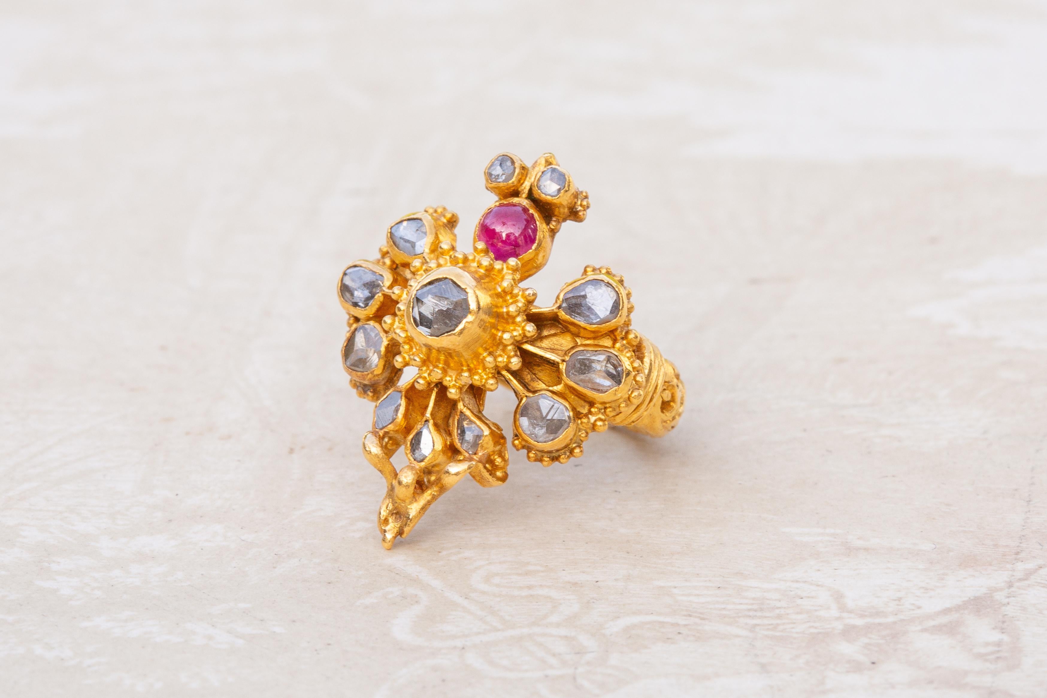 Women's or Men's Antique Thai Siam 19th Century Gold Rose Cut Diamond and Ruby Garuda Bird Ring  For Sale