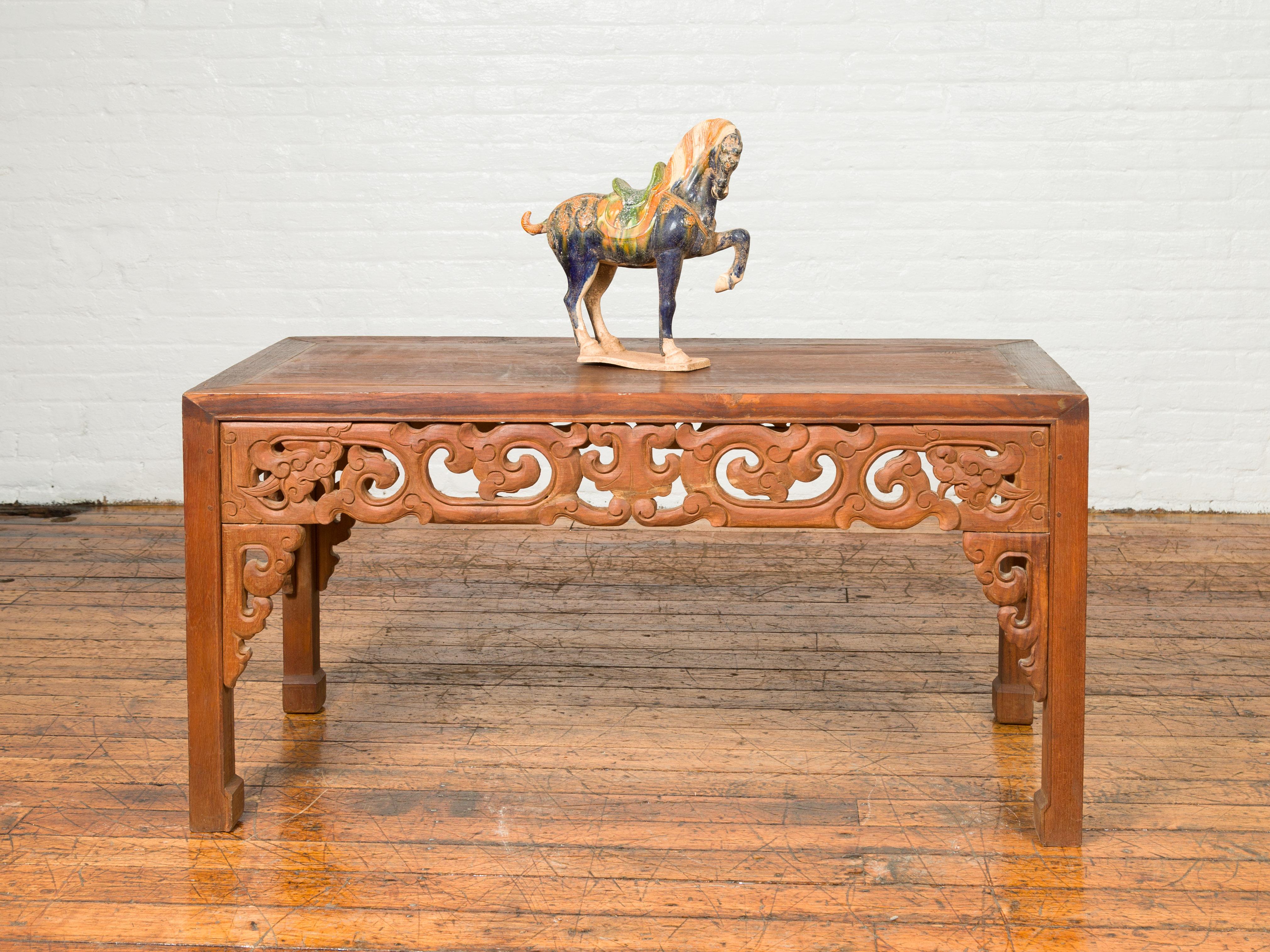 Antique Thai Teak Wood Side Table with Cloud Carved Apron and Horse Hoof Feet For Sale 1