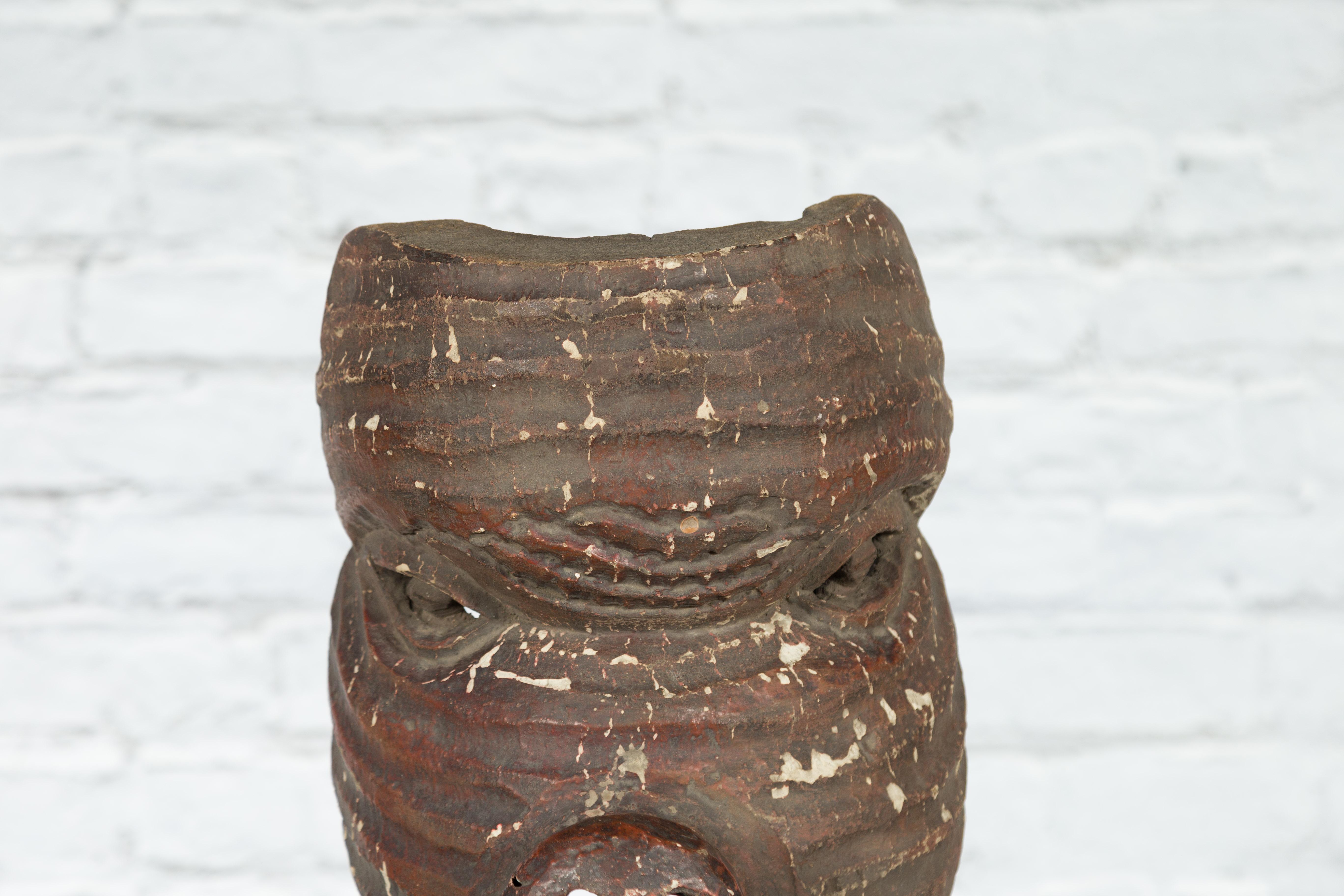 Antique Thai Tribal Carved Wooden Mask Depicting a Swine with Pierced Eyes In Good Condition For Sale In Yonkers, NY