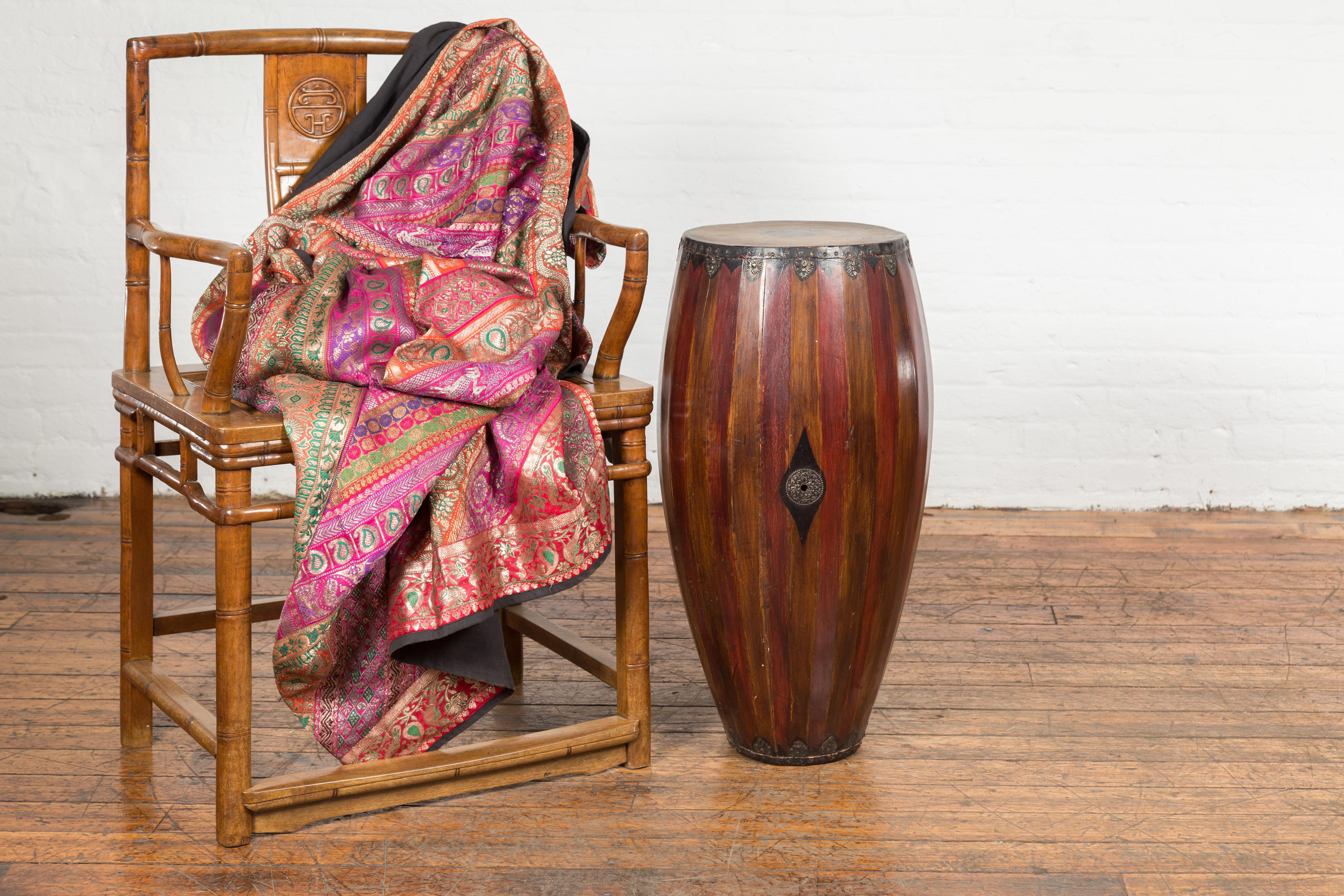Lacquered Antique Thai Two Toned Wooden Drum with Leather Top and Butterfly Motifs For Sale