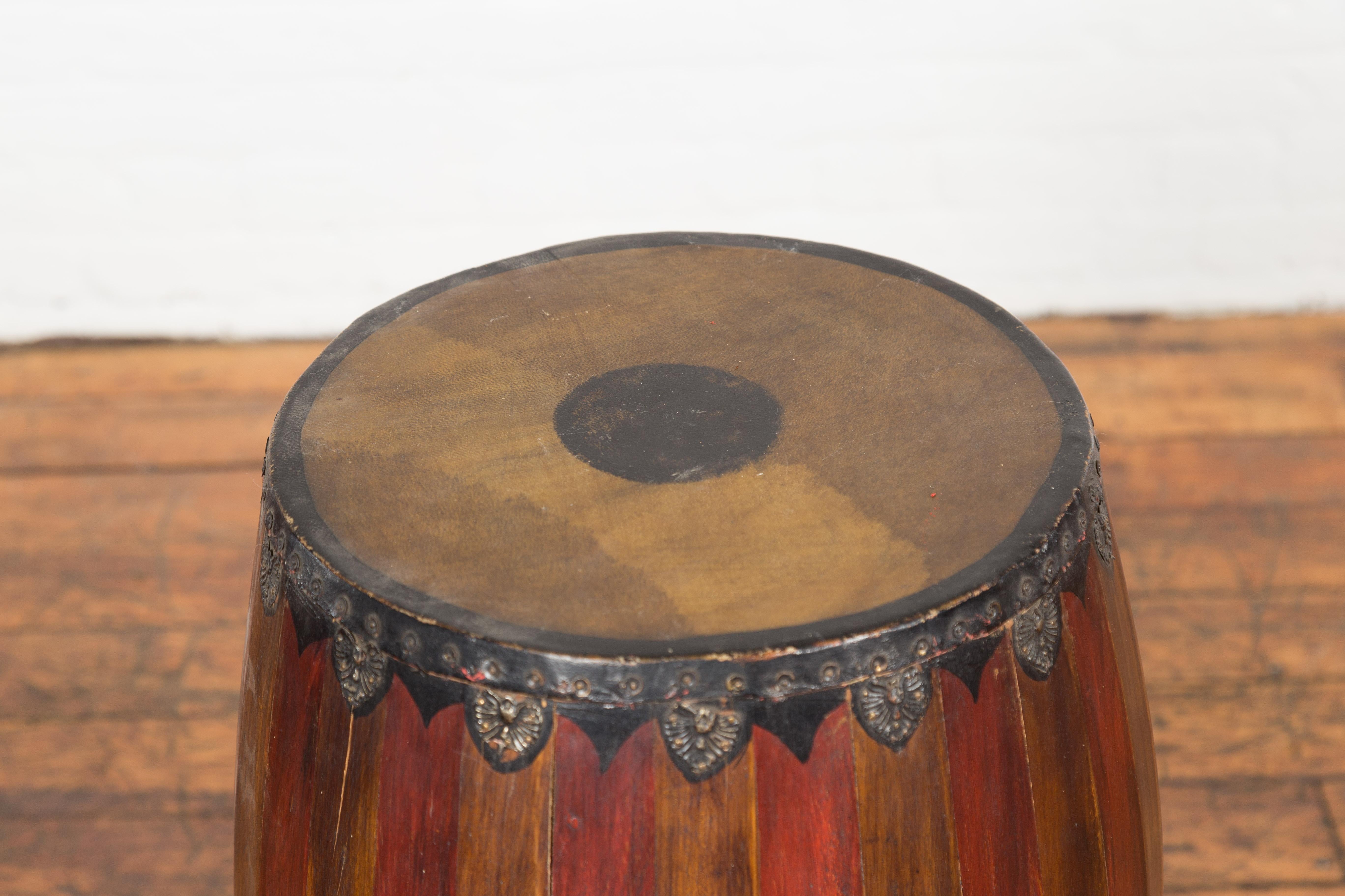19th Century Antique Thai Two Toned Wooden Drum with Leather Top and Butterfly Motifs For Sale