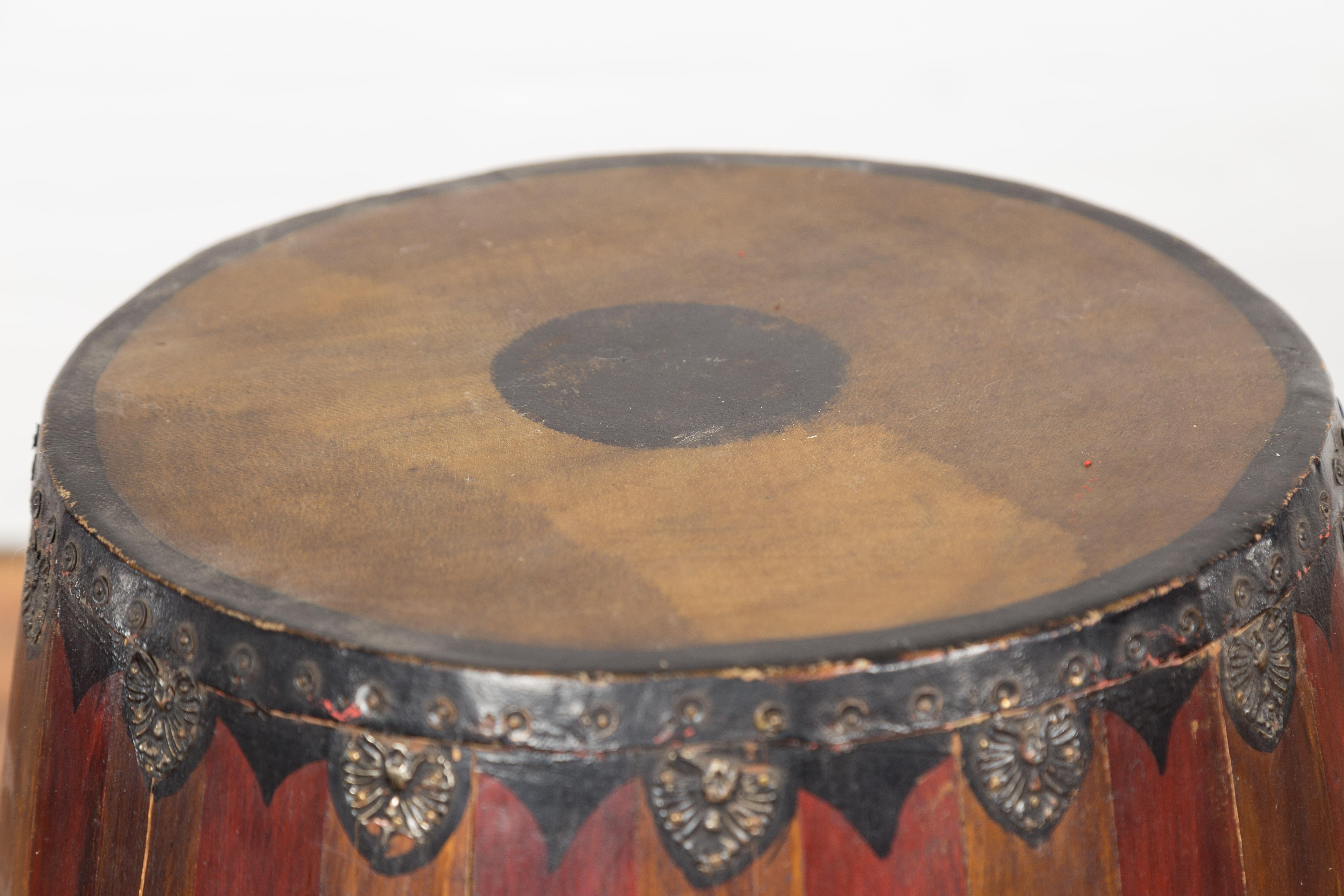 Antique Thai Two Toned Wooden Drum with Leather Top and Butterfly Motifs For Sale 1
