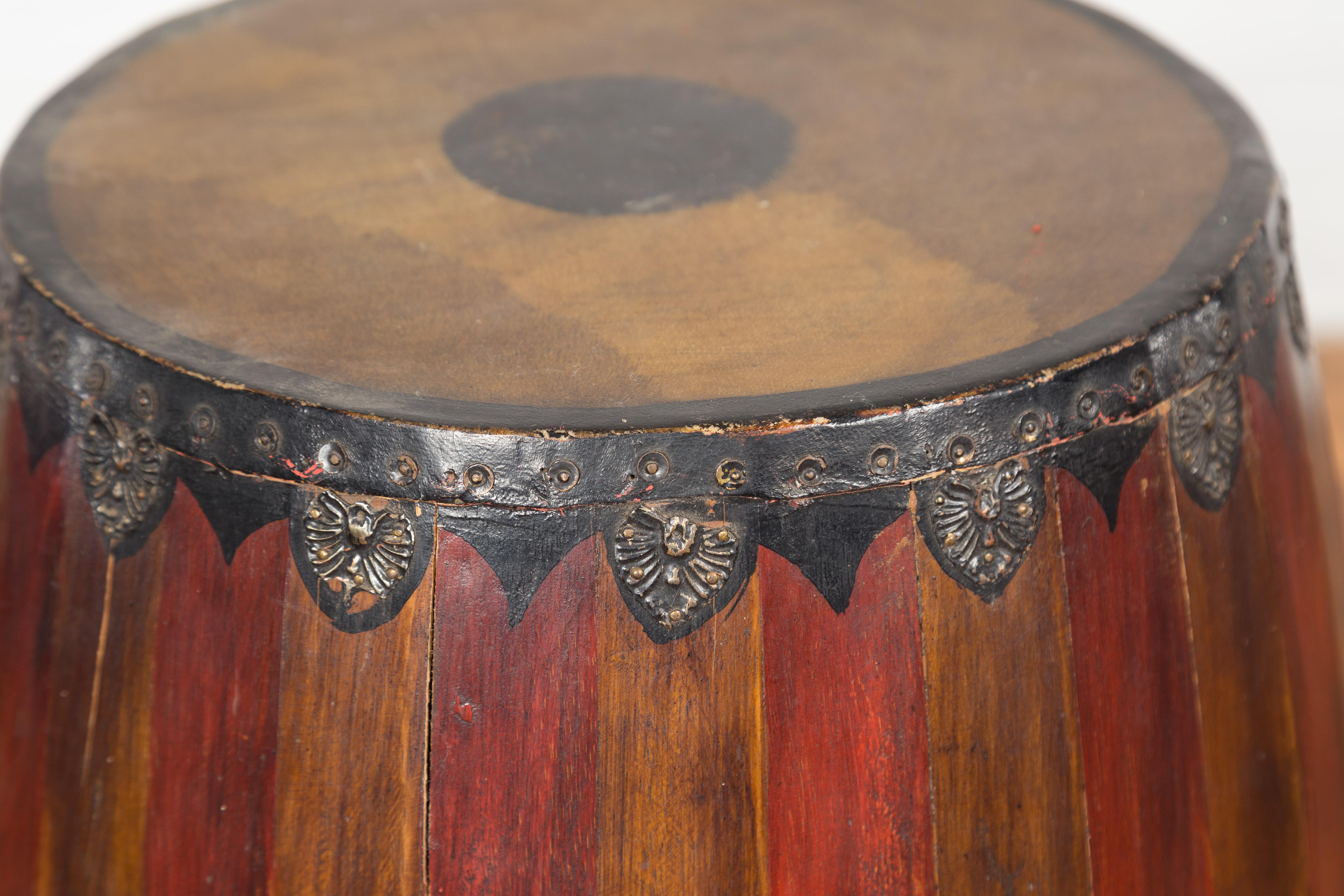 Antique Thai Two Toned Wooden Drum with Leather Top and Butterfly Motifs For Sale 2