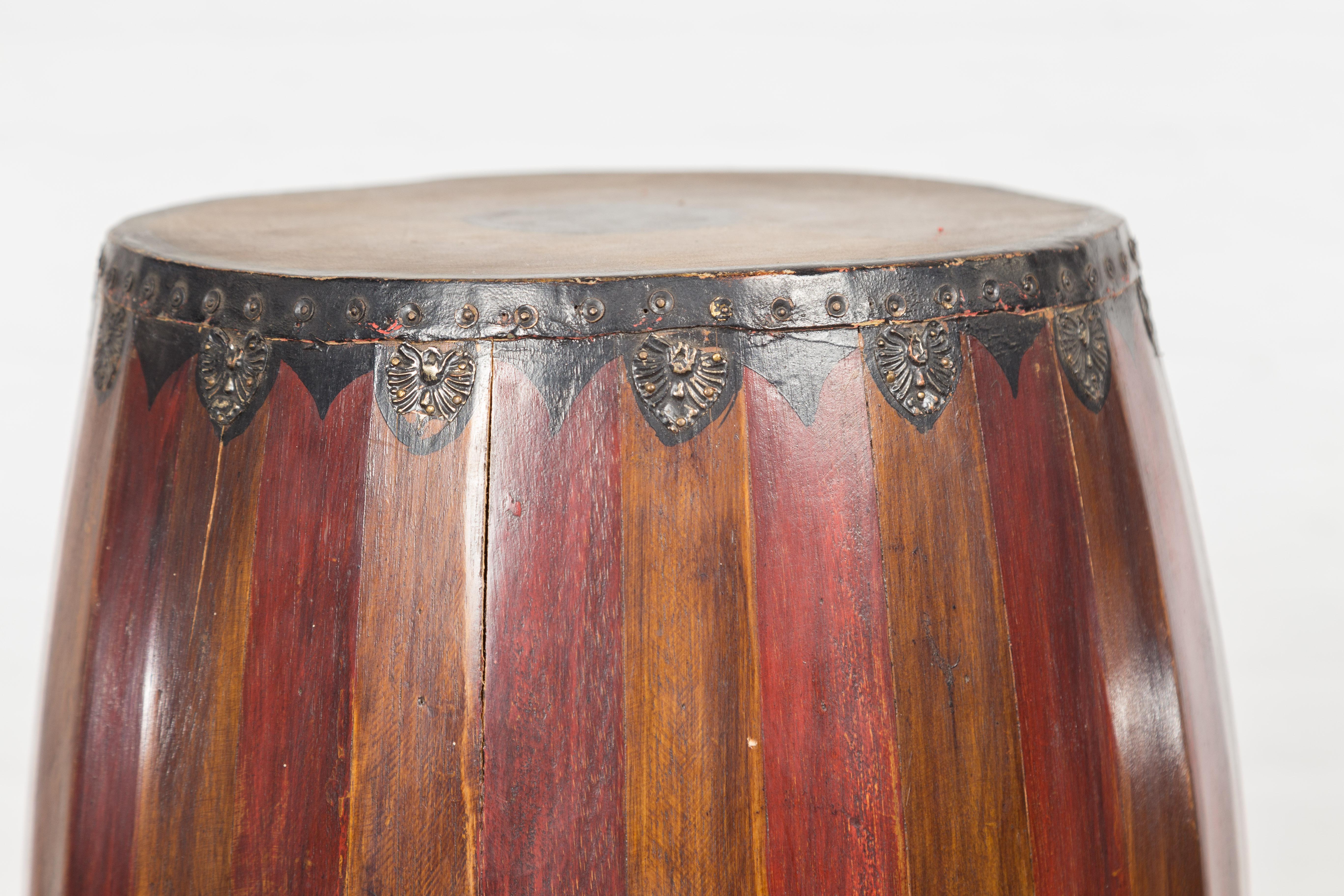Antique Thai Two Toned Wooden Drum with Leather Top and Butterfly Motifs For Sale 3
