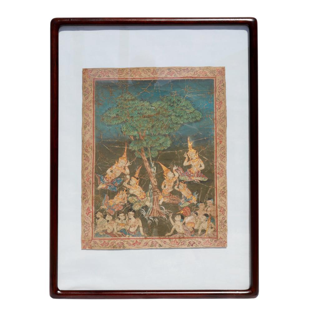 Antigua Pintura Tailandesa de Escena Vessantara Jataka sobre Tela, Escuela Rattanakosin, Siglo XIX.
Escena clásica del capítulo 12 de la penúltima vida de Buda, en la que Vessantara y su familia lloran de alegría por su reencuentro. Todos se sientan