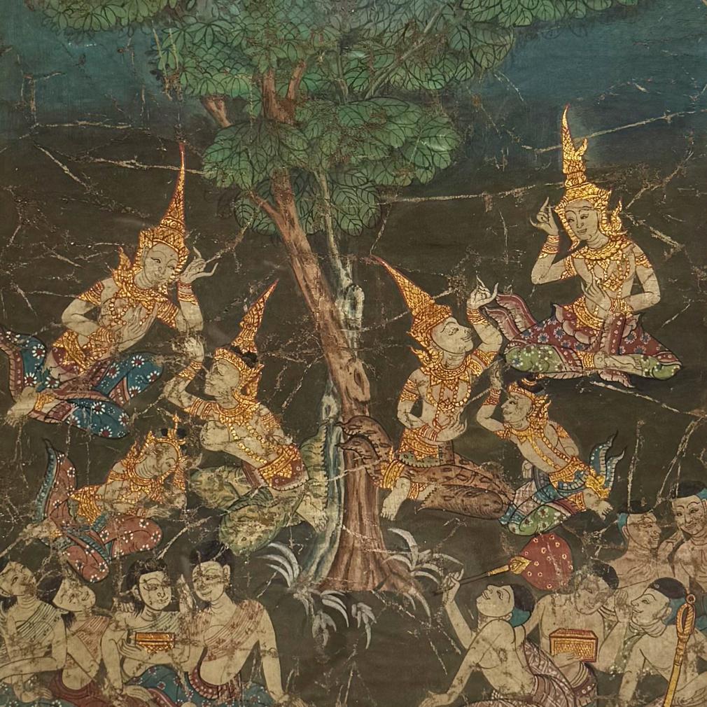 Antigua Pintura Tailandesa Vessantara Escena Jataka sobre Tela Tailandés en venta