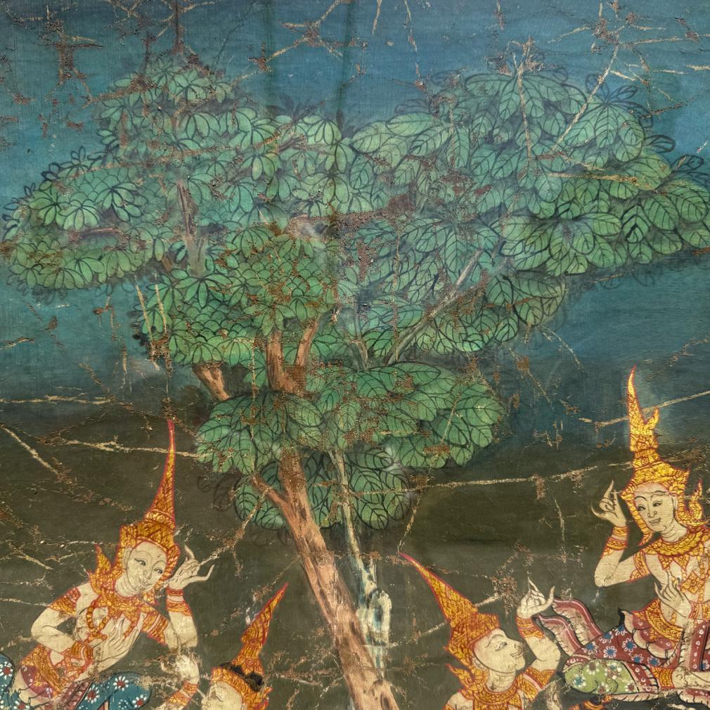 Antigua Pintura Tailandesa Vessantara Escena Jataka sobre Tela Pintado a mano en venta