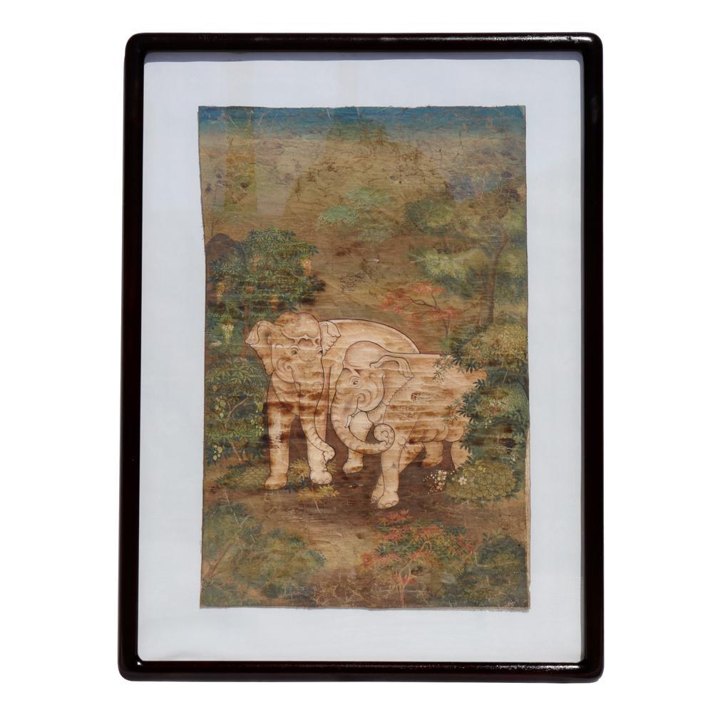 Antique Thai White Elephant Painting on Cloth, Rattanakosin School, 19th Century.
A painted scene of two white auspicious elephants in a landscape setting. In Thai Buddhist folklore, there is a story that Gautama, in a former life, was a white
