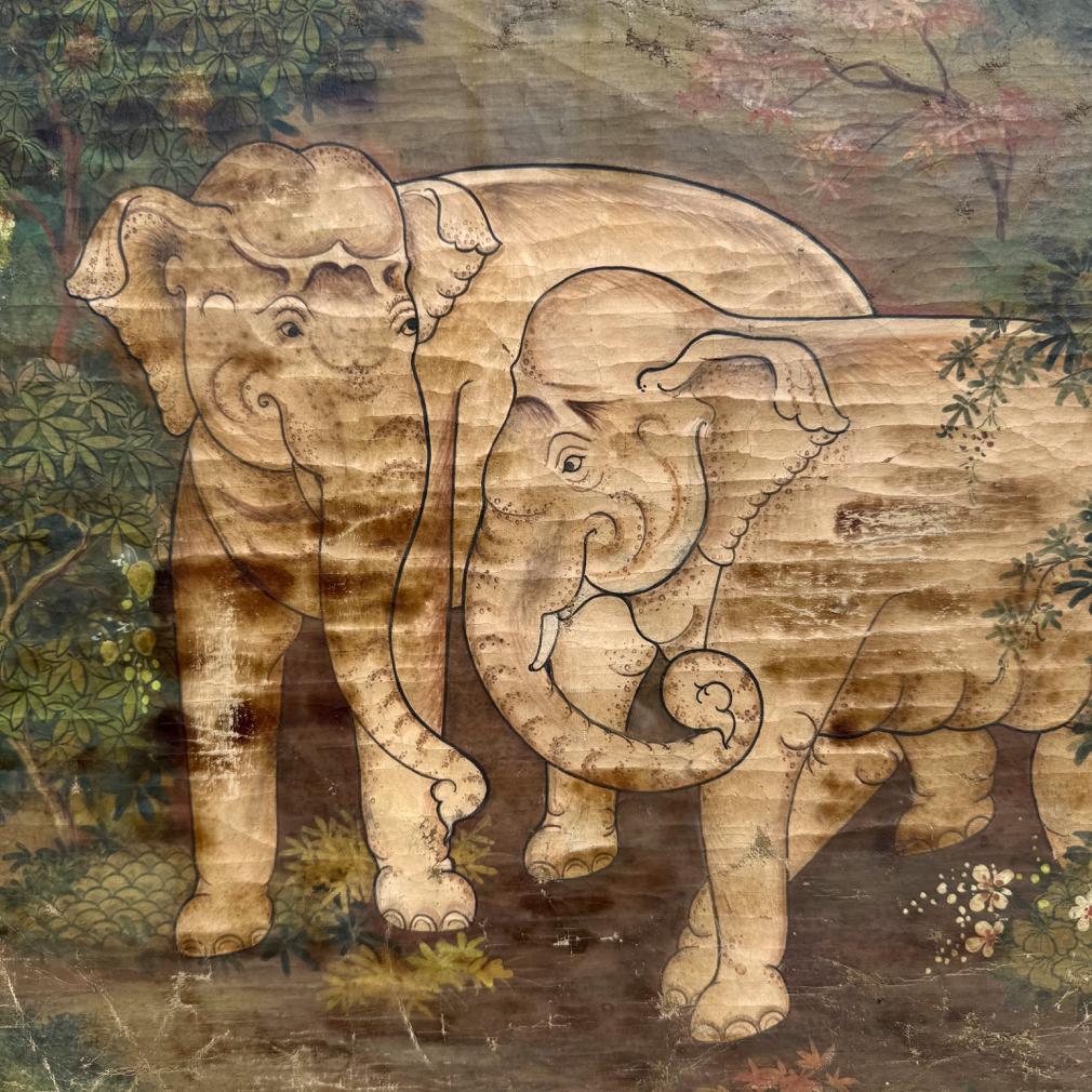 Hand-Painted Antique Thai White Elephant Painting on Cloth, Rattanakosin School For Sale
