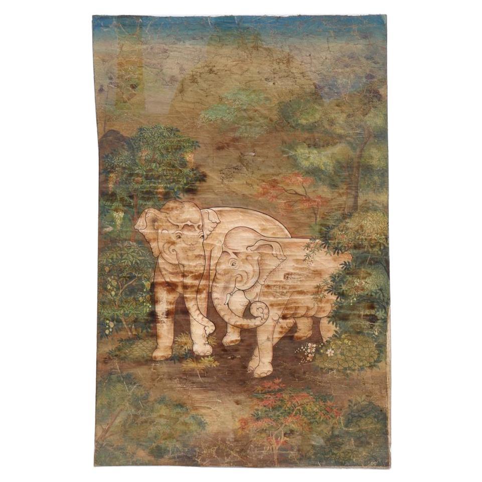 Antiguo cuadro tailandés Elefante blanco sobre tela, Escuela de Rattanakosin