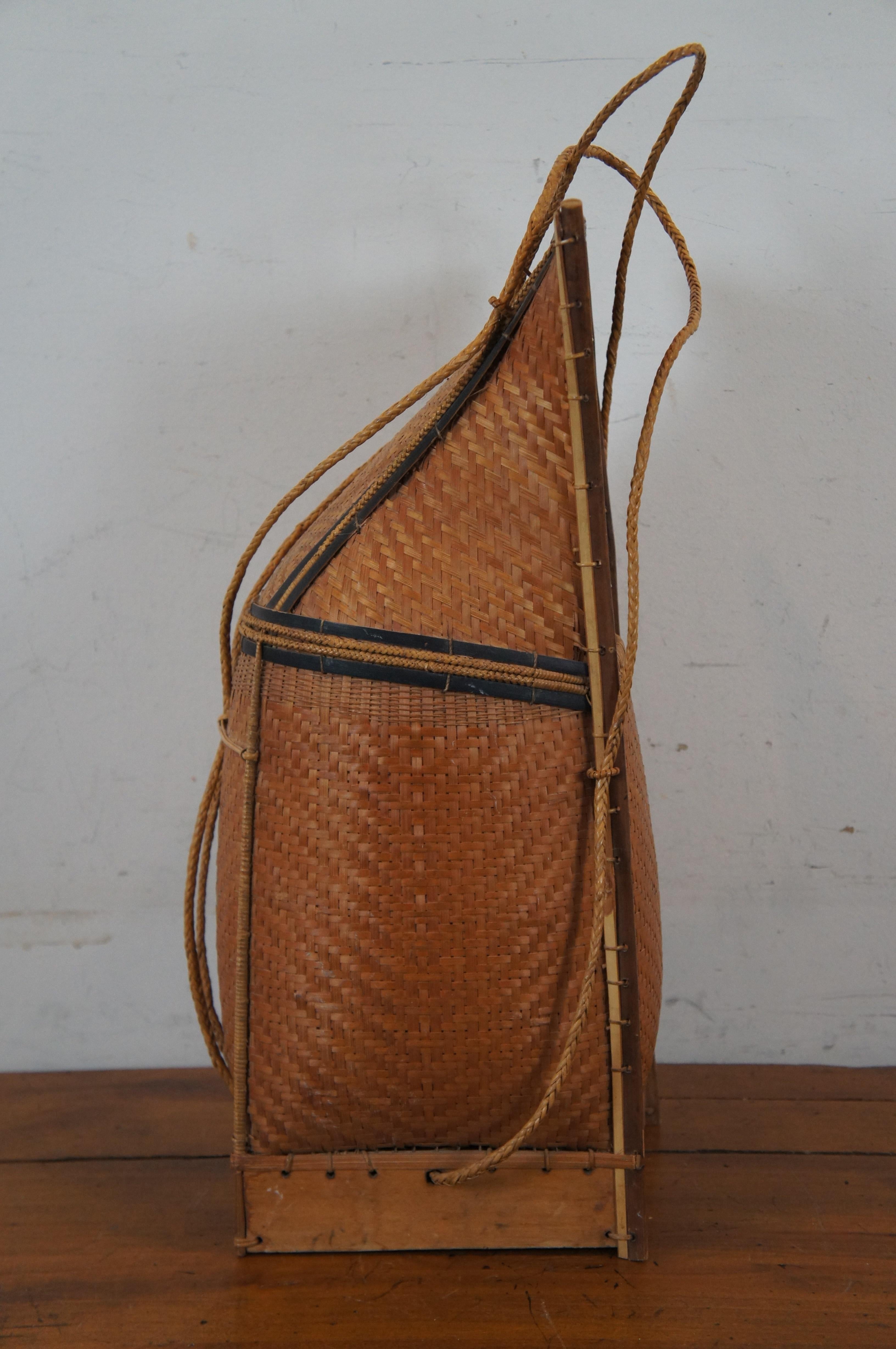 Folk Art Antique Thai Woven Wicker Bamboo Baby Carrying Basket Backpack 20