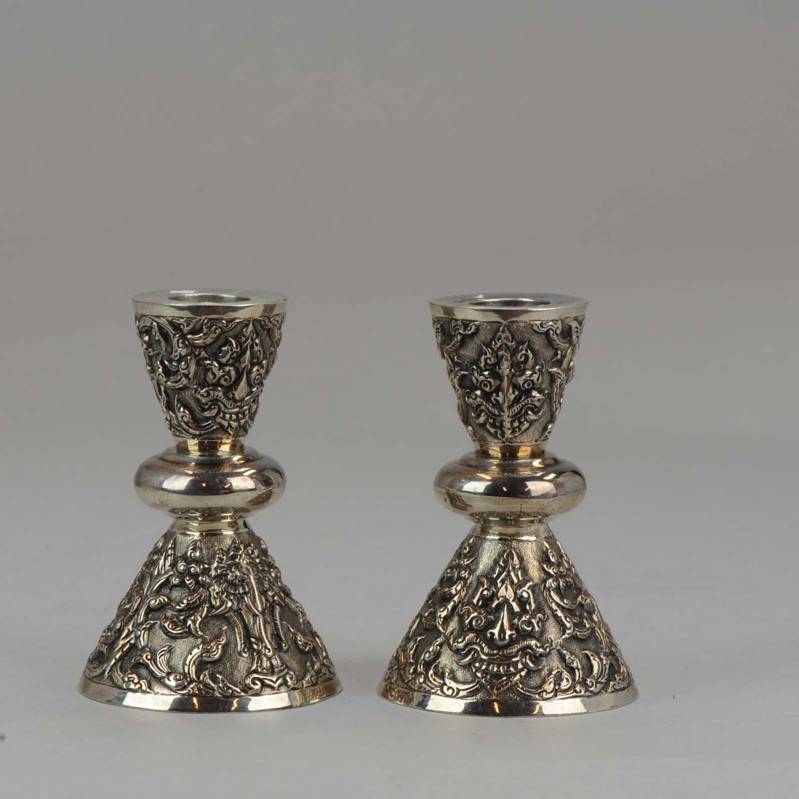 Antique Thailand Sterling Silver Candle Stick Set Bencharong, Thailand In Fair Condition In Amsterdam, Noord Holland