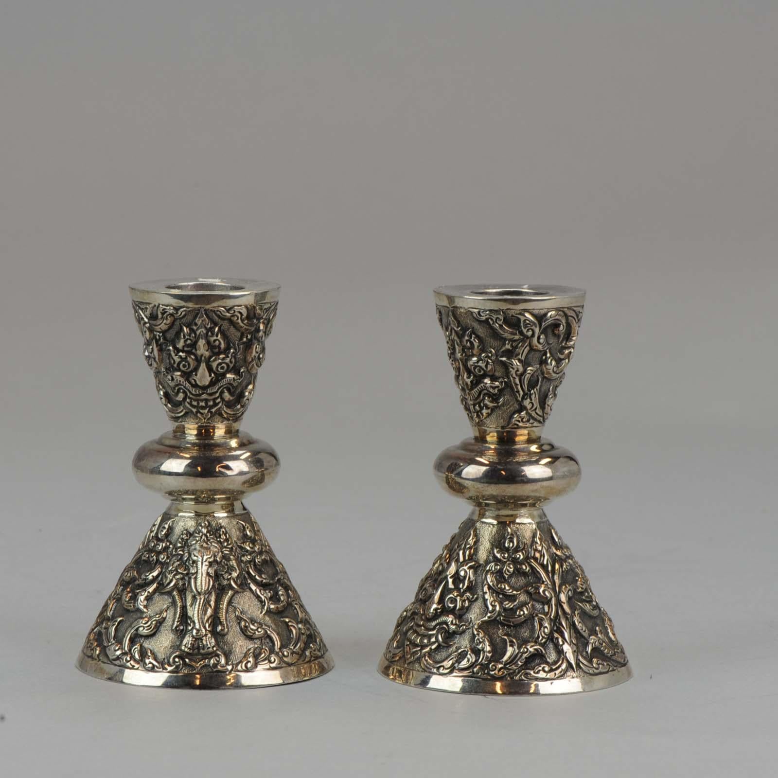 20th Century Antique Thailand Sterling Silver Candle Stick Set Bencharong, Thailand