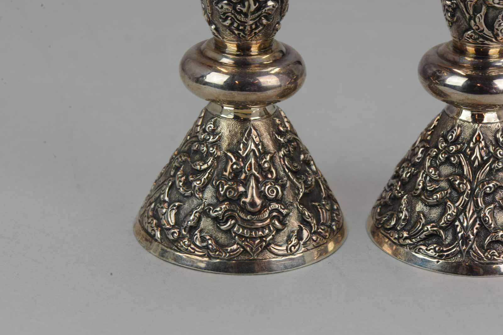 Antique Thailand Sterling Silver Candle Stick Set Bencharong, Thailand 2