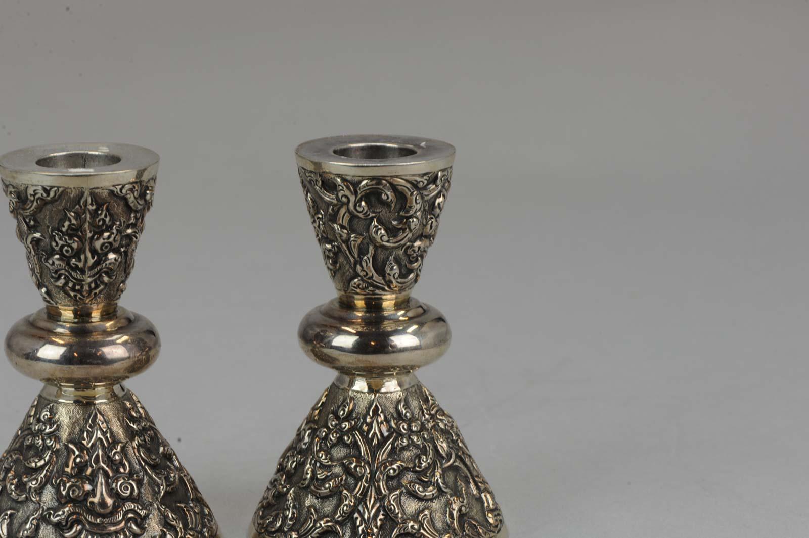 Antique Thailand Sterling Silver Candle Stick Set Bencharong, Thailand 3
