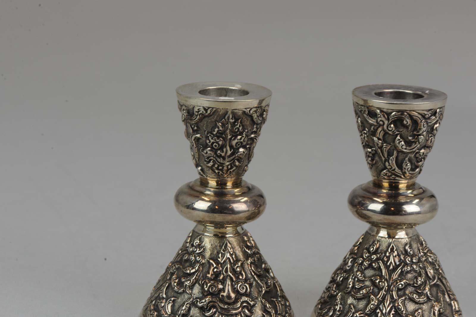 Antique Thailand Sterling Silver Candle Stick Set Bencharong, Thailand 4