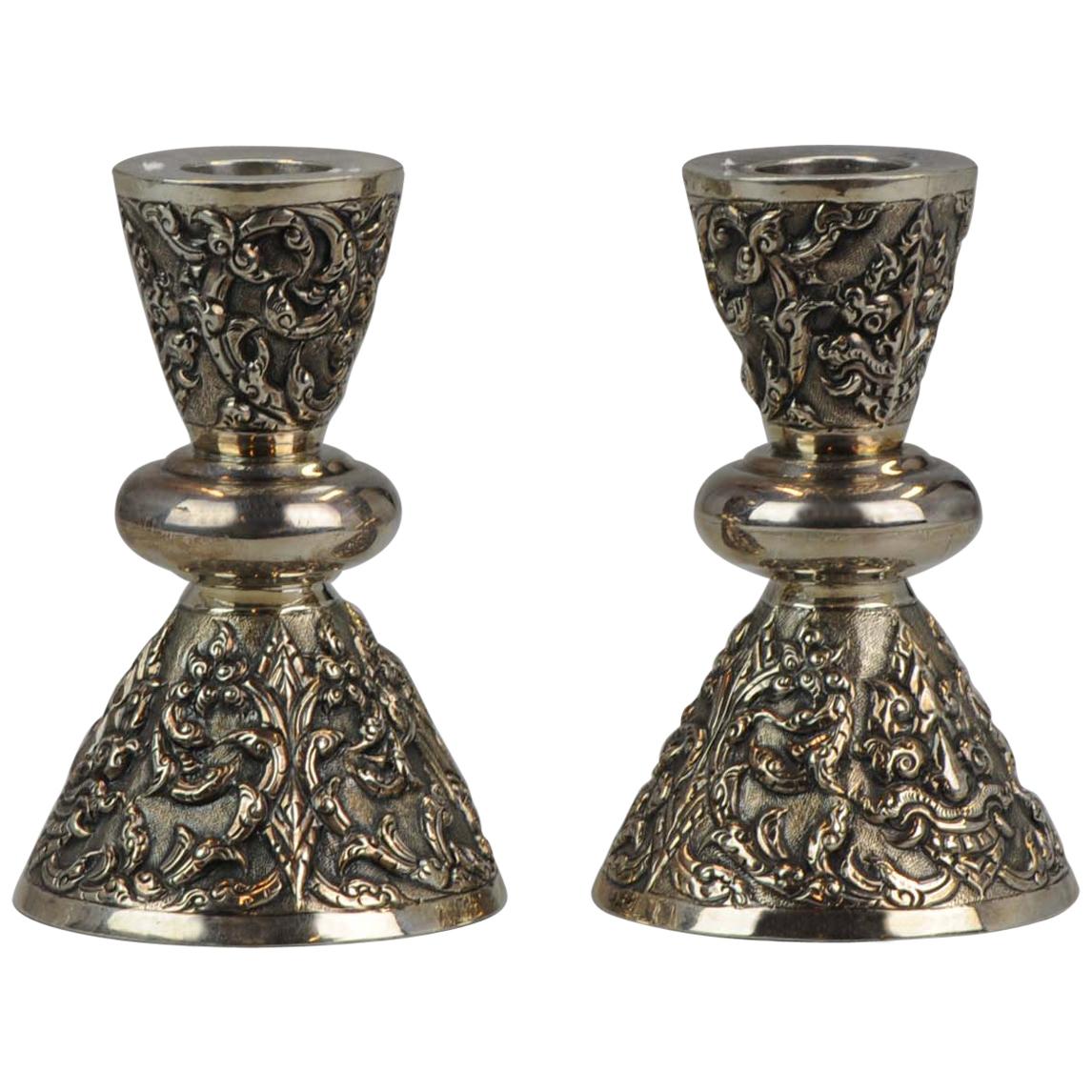 Antique Thailand Sterling Silver Candle Stick Set Bencharong, Thailand