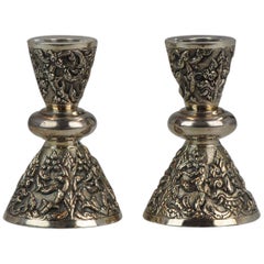 Antique Thailand Sterling Silver Candle Stick Set Bencharong, Thailand