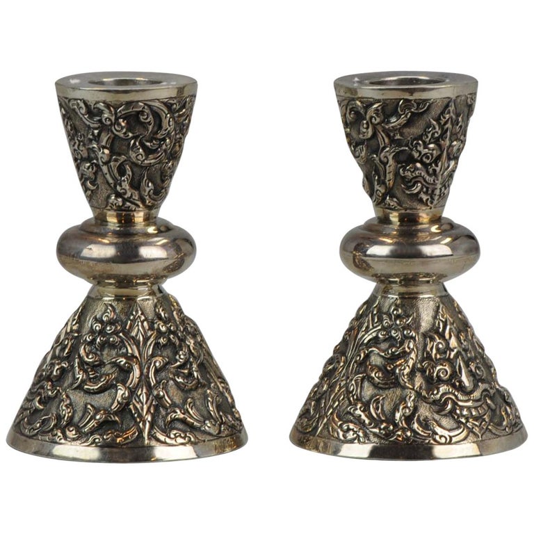 Antique Thailand Sterling Silver Candle Stick Set Bencharong, Thailand For  Sale at 1stDibs