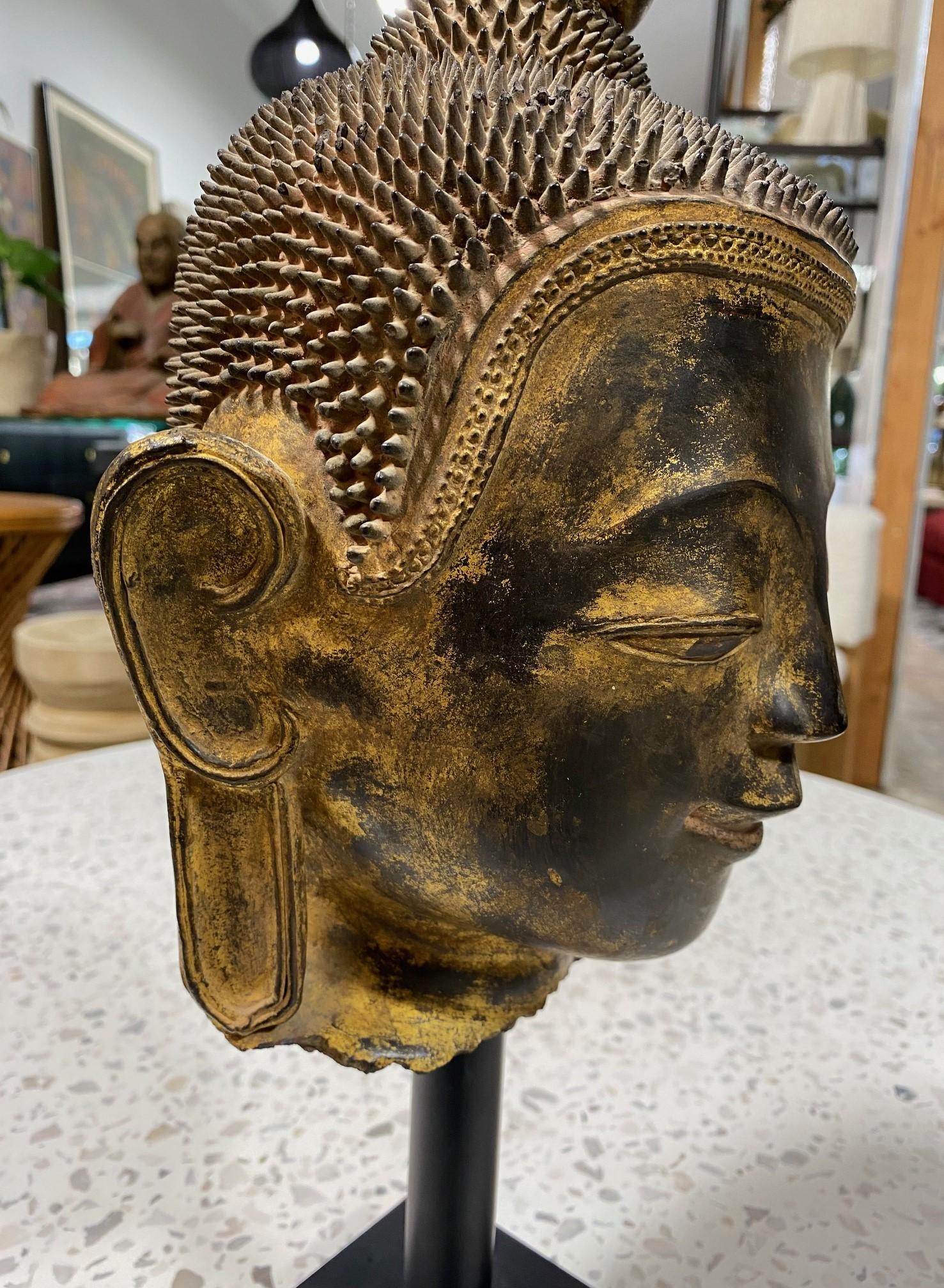Antike Thayo Burma Myanmar Shan Thai Asiatische Buddha-Kopf-Skulptur-Statue, Thayo im Angebot 8