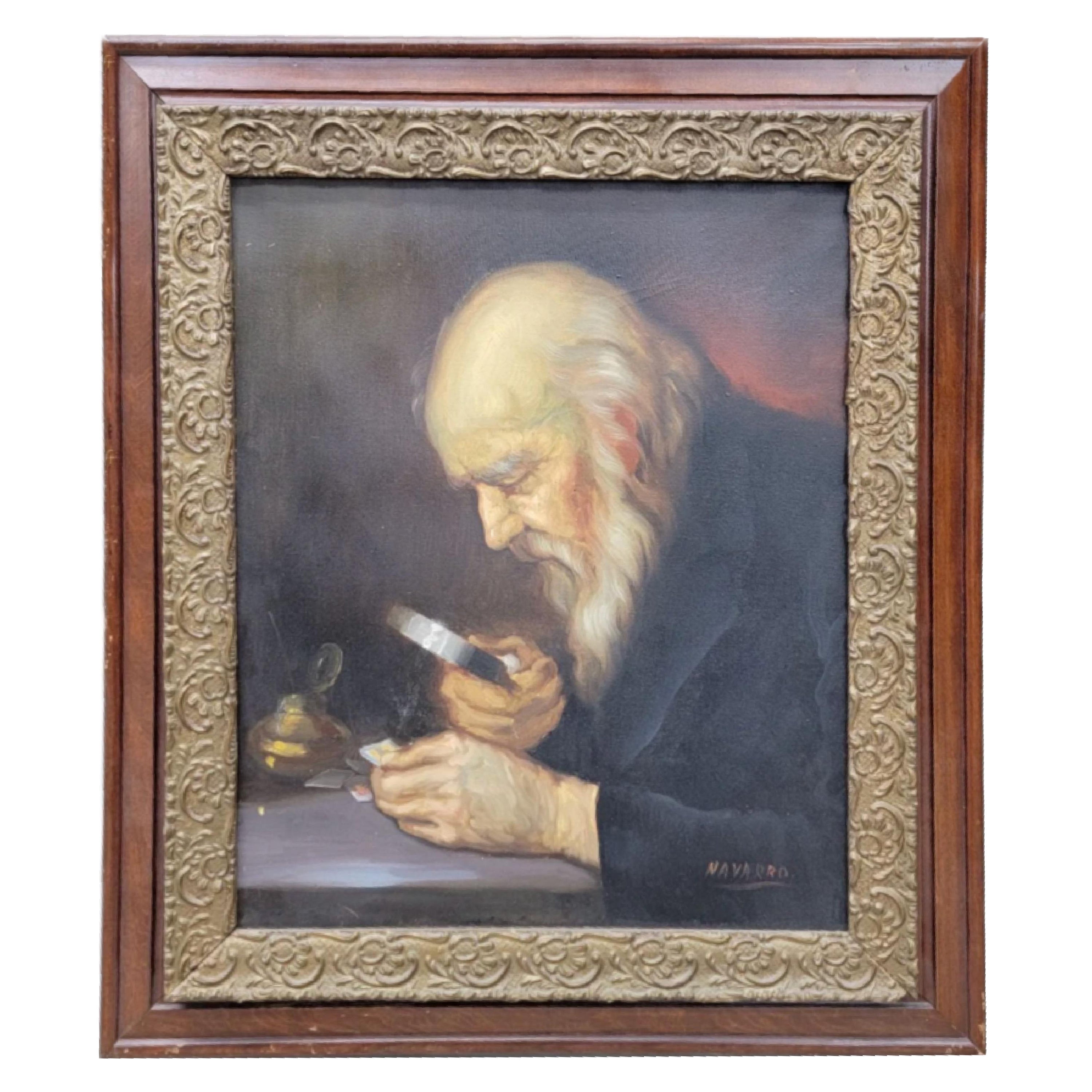 Antike "Der Sammler" Gemälde signiert von Navarro im Angebot