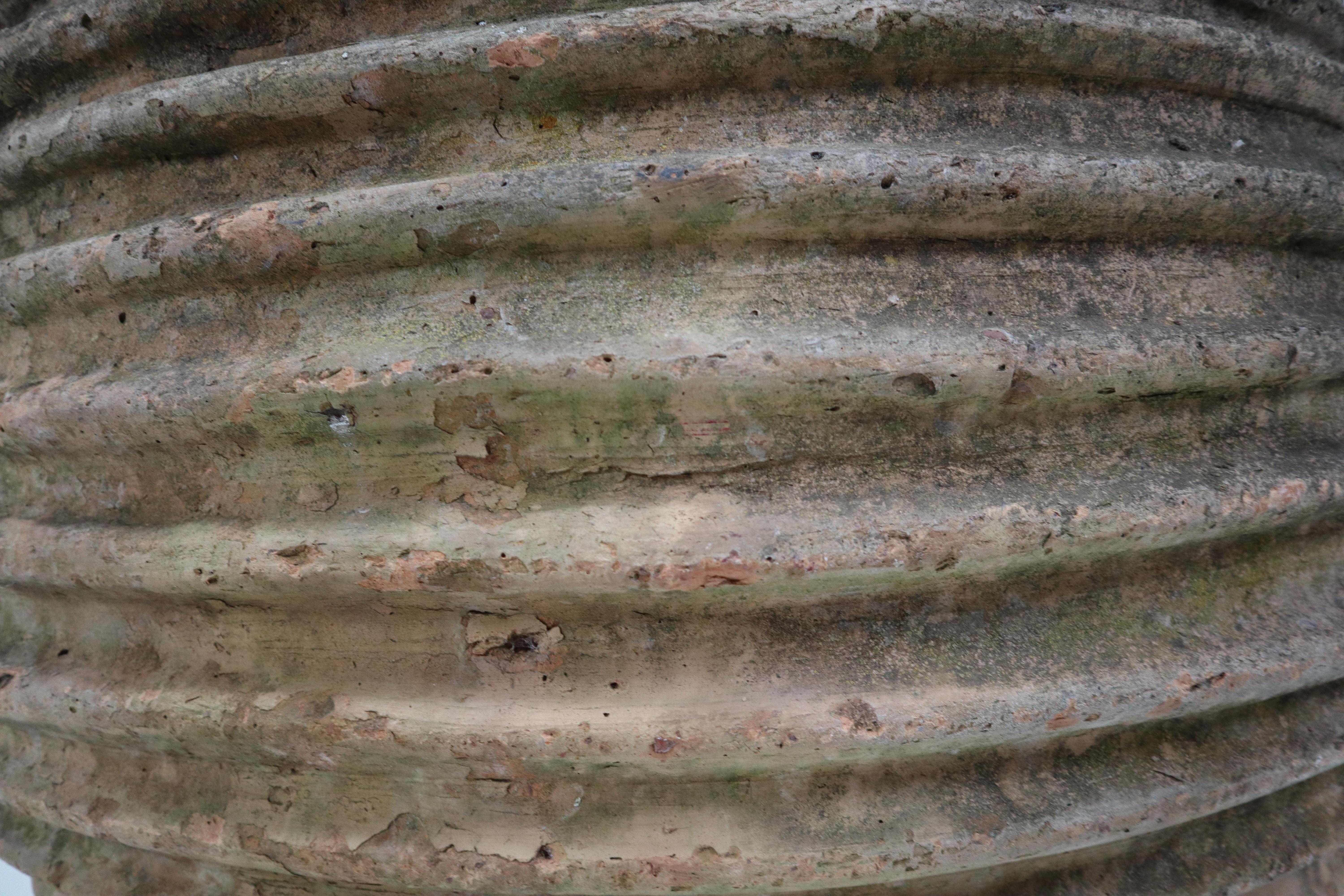 Giant Antique Terracotta Ribbed Olive Jar with Dark Lichen Patination In Good Condition In Almelo, NL