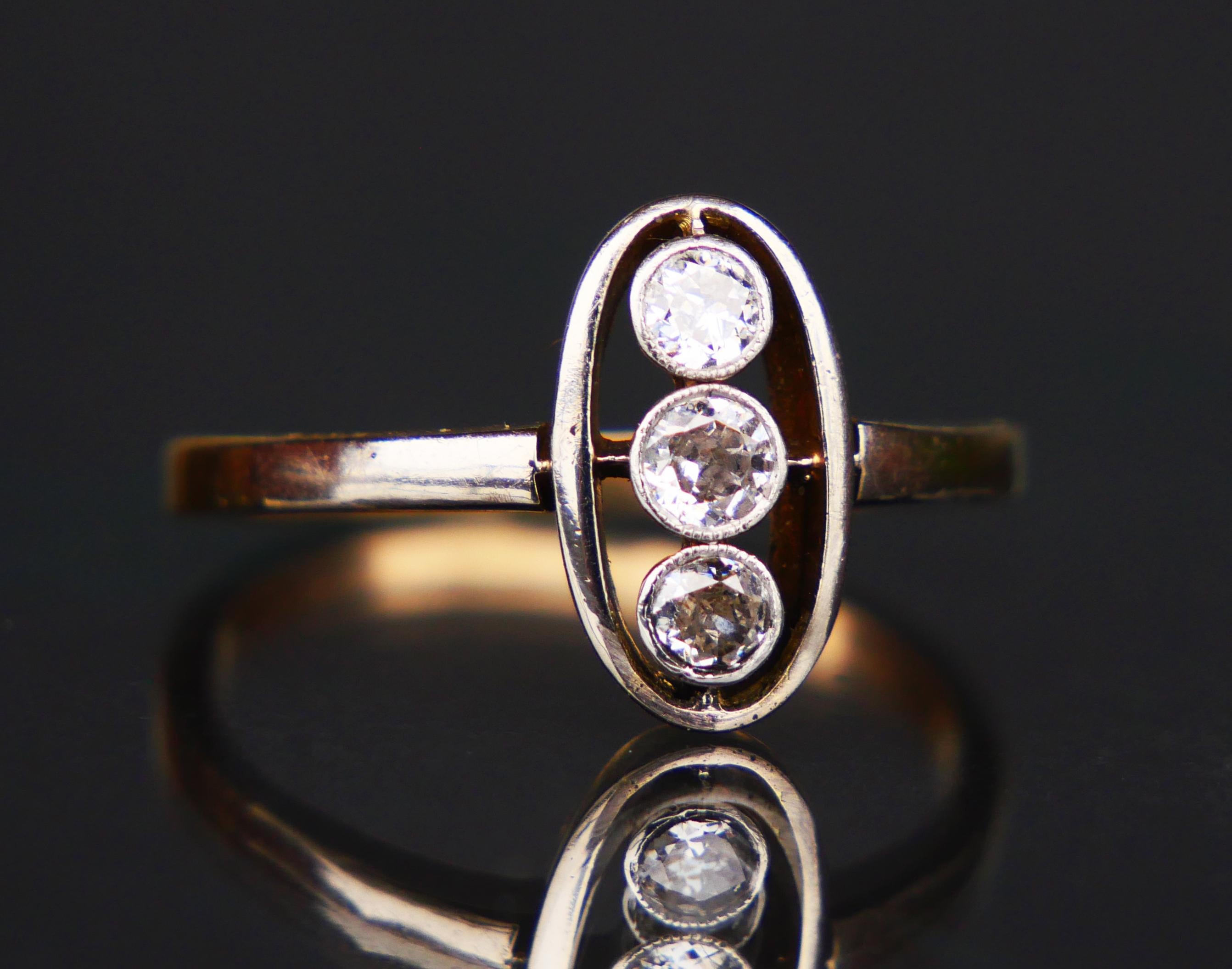 Art Deco Antique Thee Stone Ring 0.45ctw Diamonds 14K Yellow Gold Platinum ØUS8.25/3.3gr For Sale