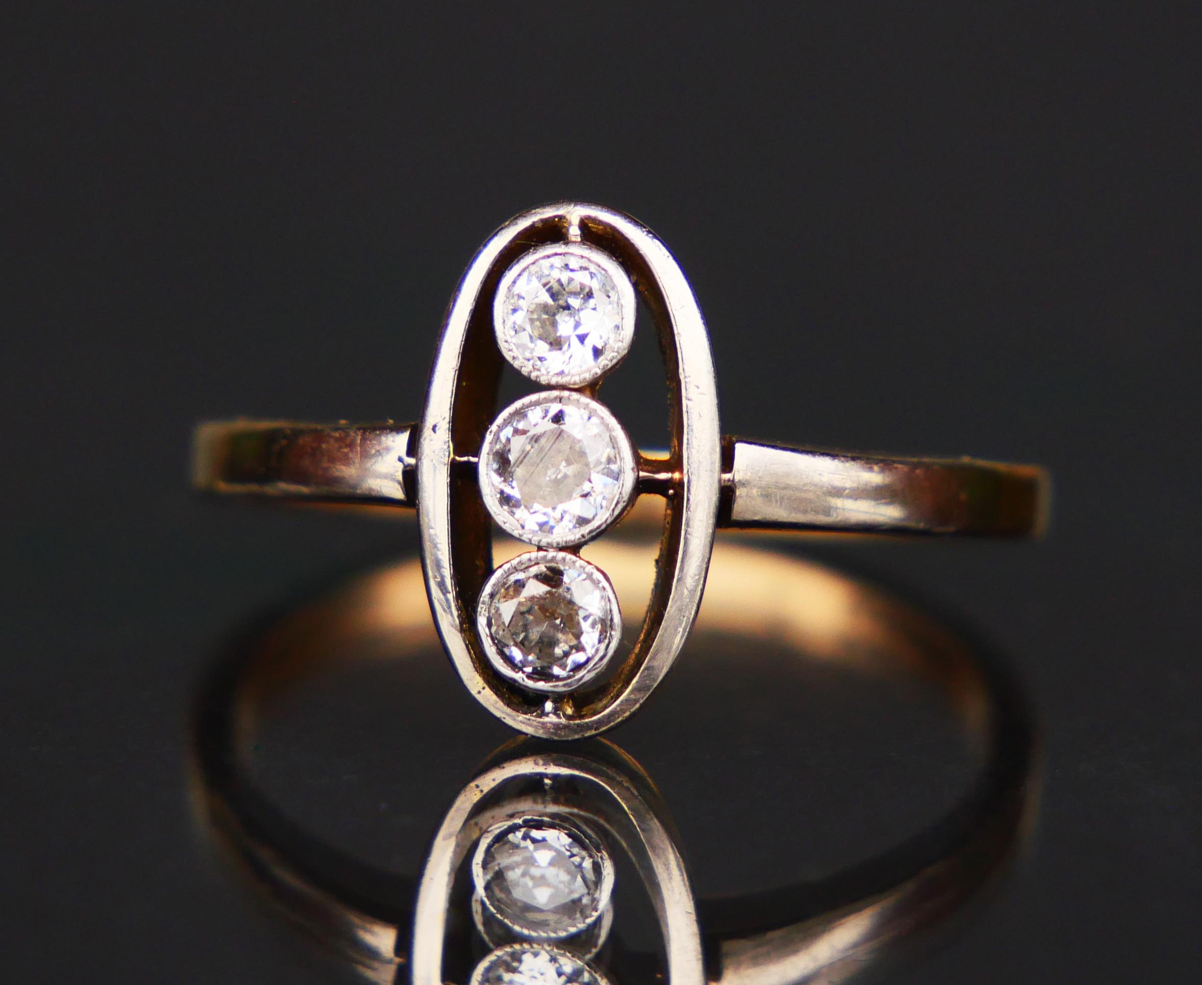 Antiker Thee Stone Ring 0.45ctw Diamanten 14K Gelbgold Platin ØUS8.25/3.3gr (Alteuropäischer Schliff) im Angebot