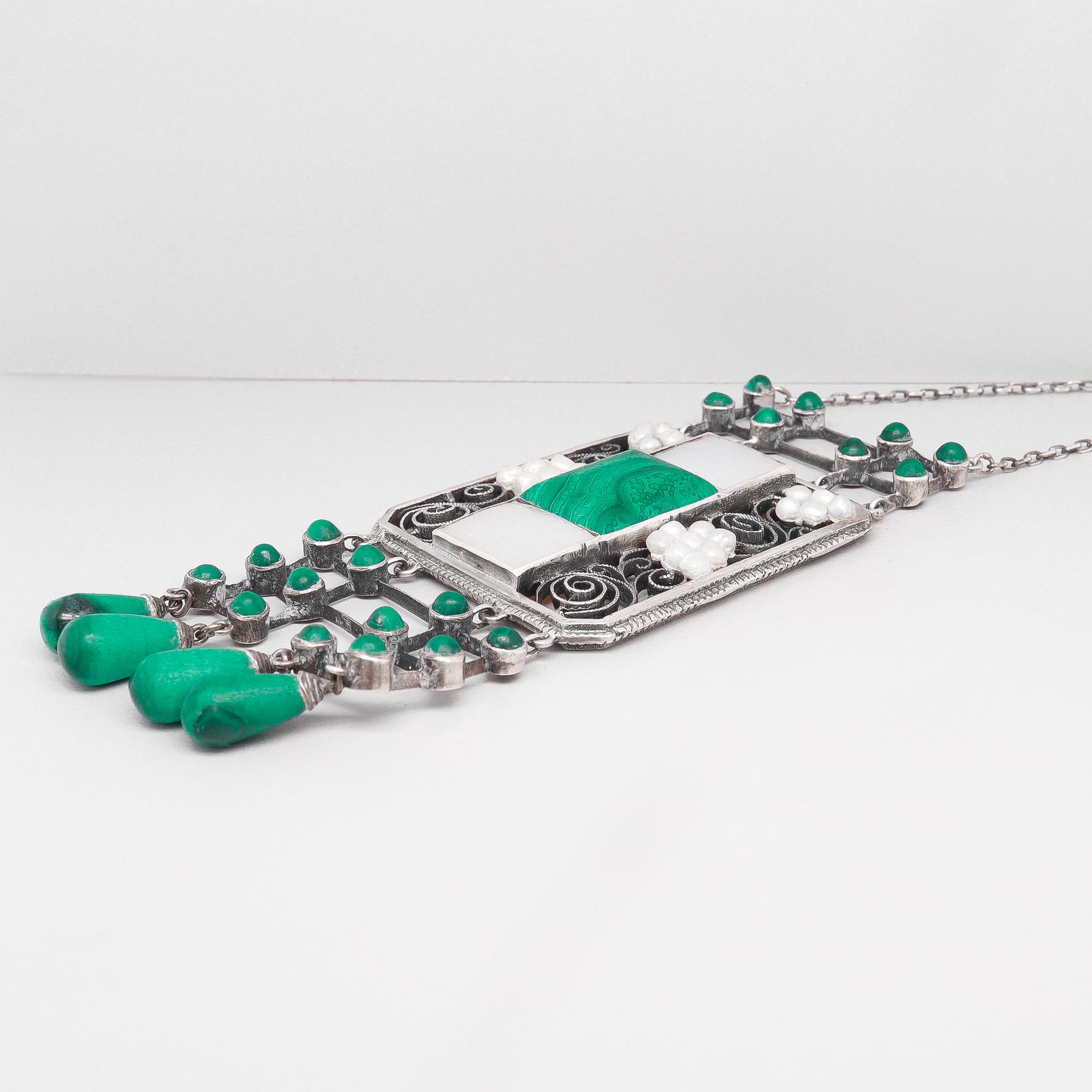 Collana antica Theodor Fahrner in argento, malachite e perle Jugendstil in vendita 5