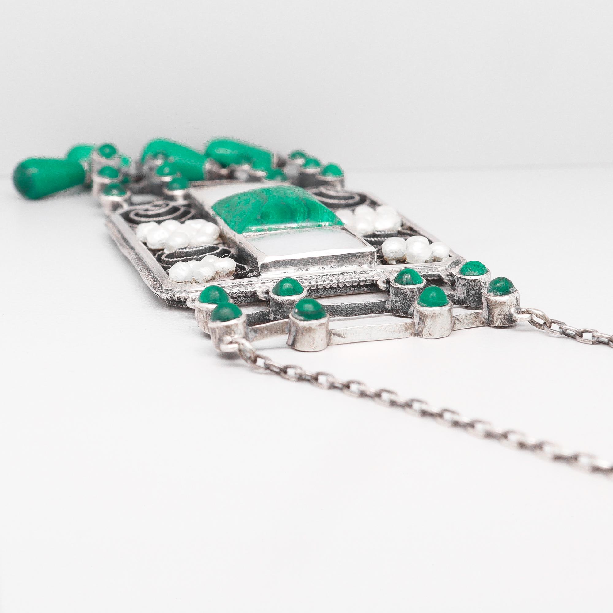 Collana antica Theodor Fahrner in argento, malachite e perle Jugendstil in vendita 7
