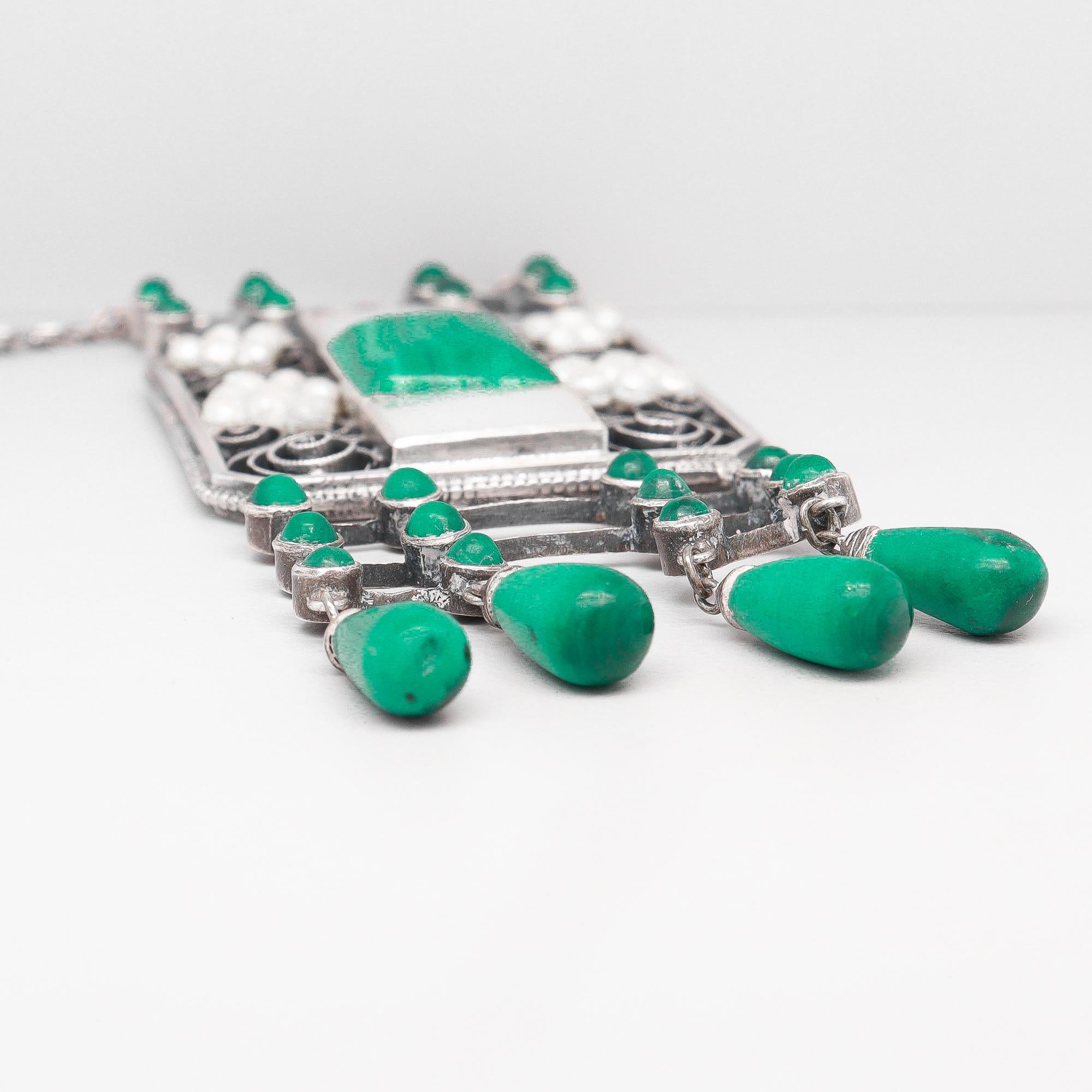 Collana antica Theodor Fahrner in argento, malachite e perle Jugendstil in vendita 9