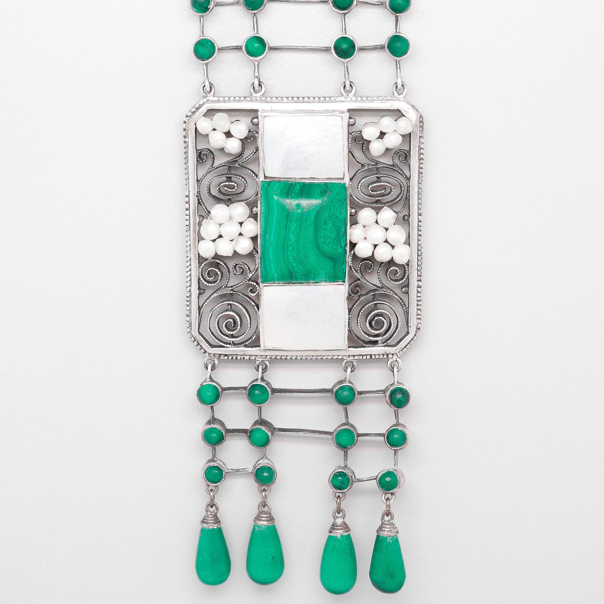 Collana antica Theodor Fahrner in argento, malachite e perle Jugendstil in vendita 10