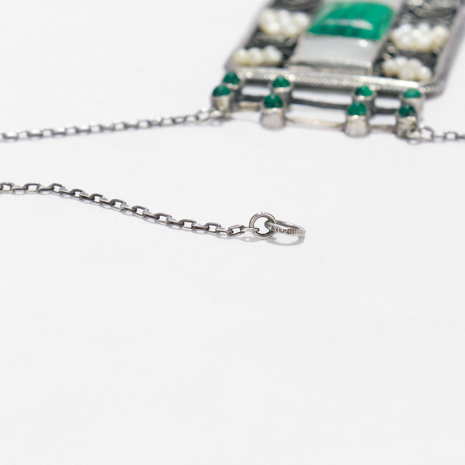 Collana antica Theodor Fahrner in argento, malachite e perle Jugendstil in vendita 15