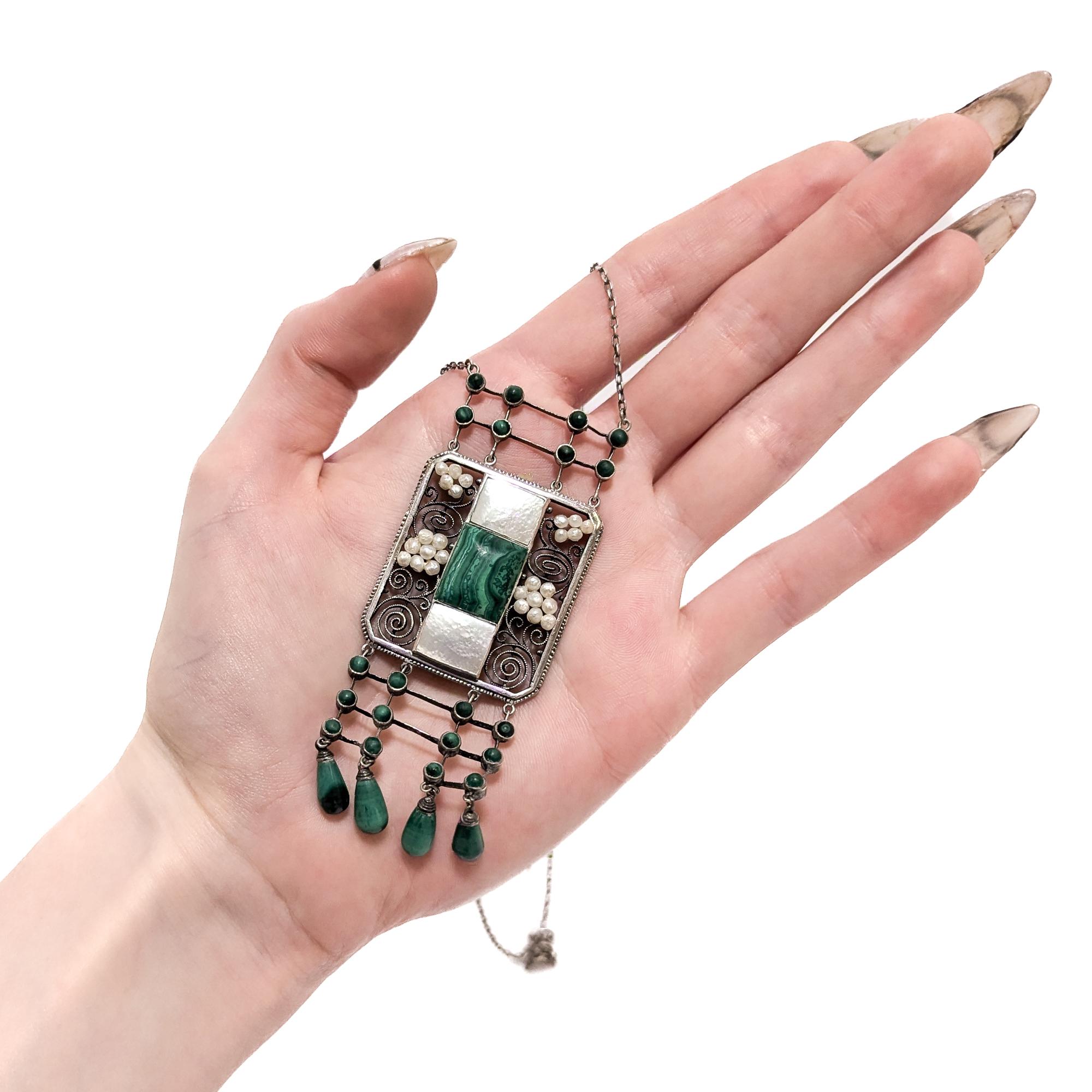 Cabochon Collana antica Theodor Fahrner in argento, malachite e perle Jugendstil in vendita