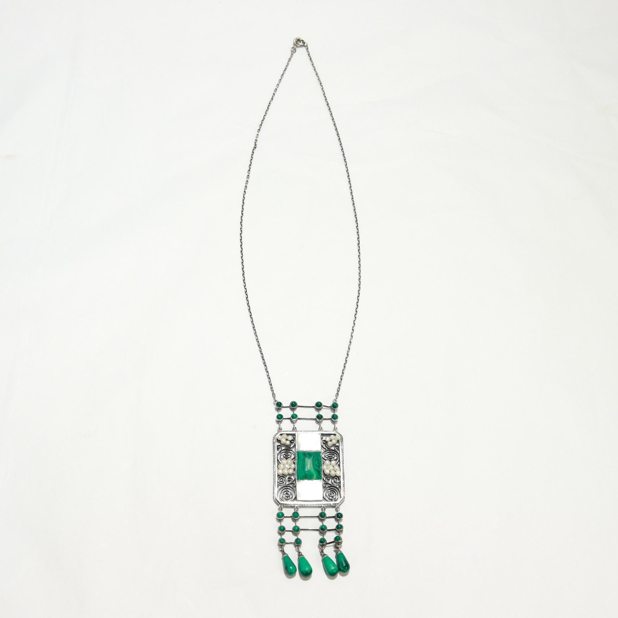 Collana antica Theodor Fahrner in argento, malachite e perle Jugendstil in vendita 1