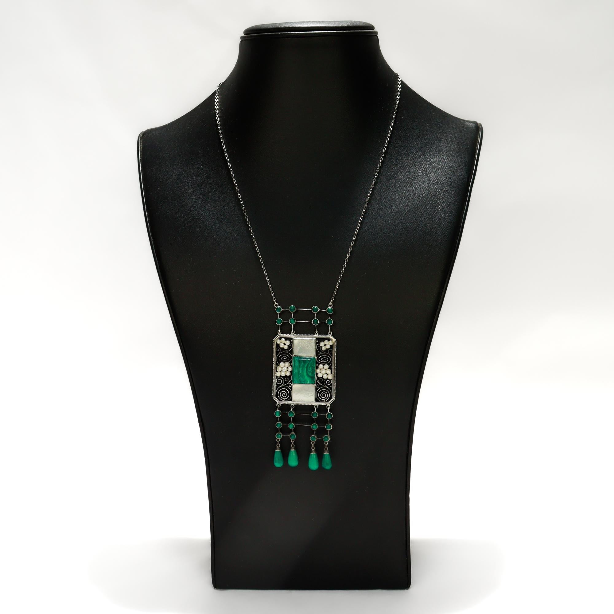 Collana antica Theodor Fahrner in argento, malachite e perle Jugendstil in vendita 2