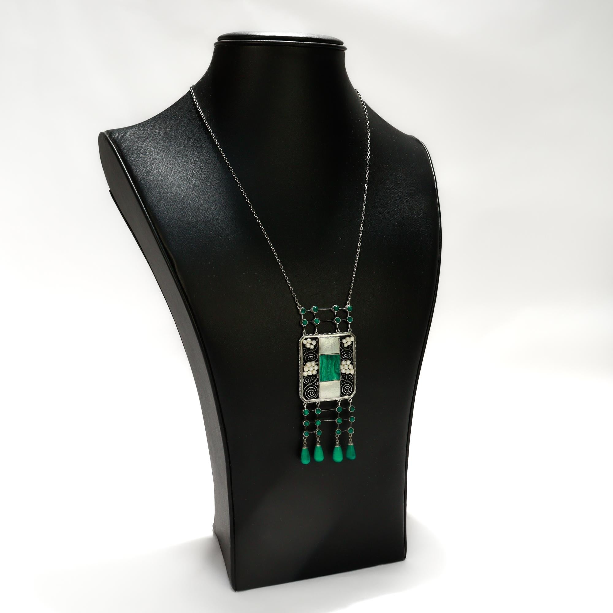 Collana antica Theodor Fahrner in argento, malachite e perle Jugendstil in vendita 3