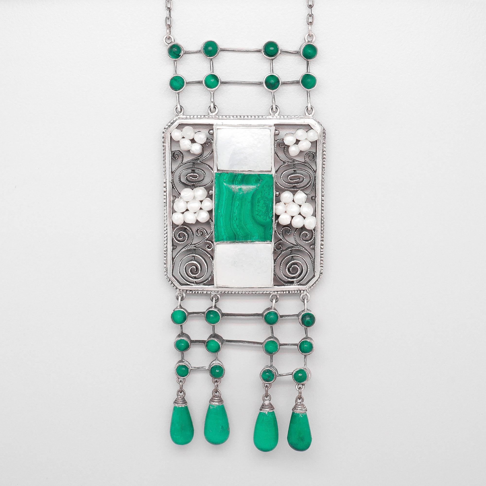 Collana antica Theodor Fahrner in argento, malachite e perle Jugendstil in vendita 4