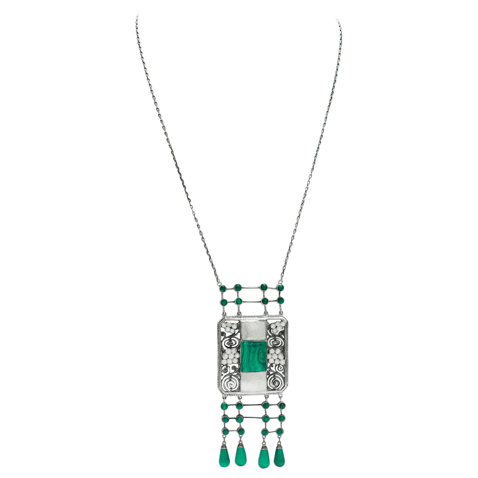 Collana antica Theodor Fahrner in argento, malachite e perle Jugendstil