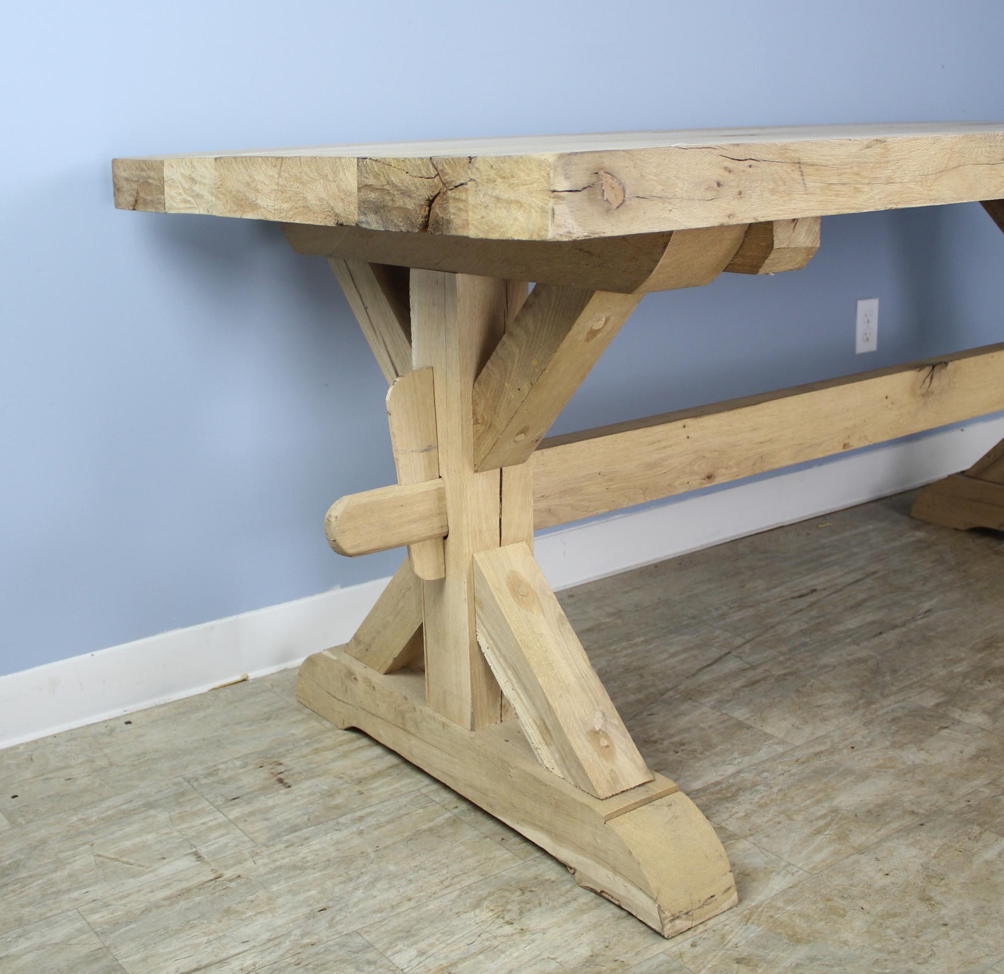 French Antique Thick Topped Bleached Oak Trestle Table