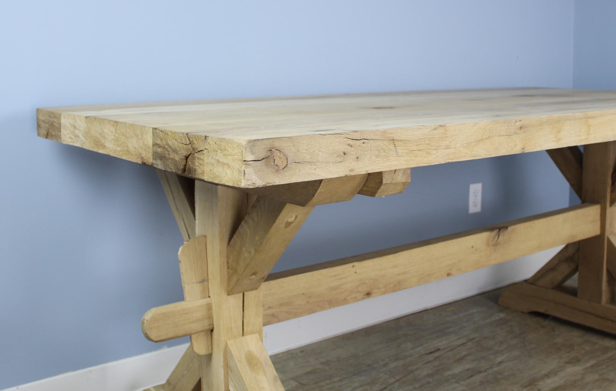 Antique Thick Topped Bleached Oak Trestle Table In Good Condition In Port Chester, NY