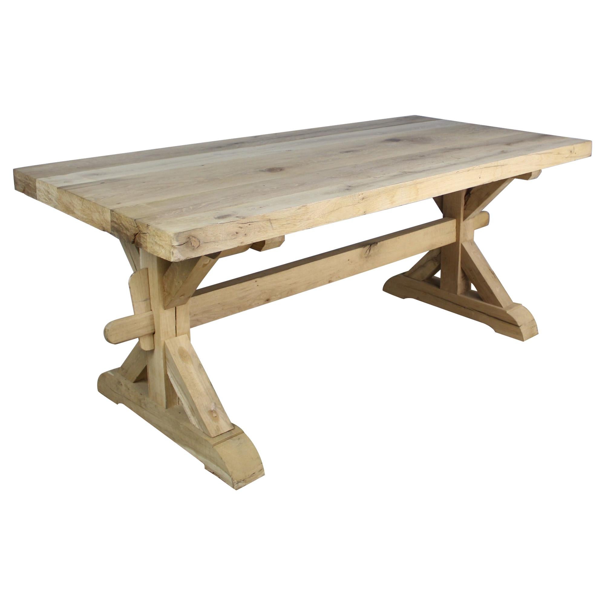 Antique Thick Topped Bleached Oak Trestle Table