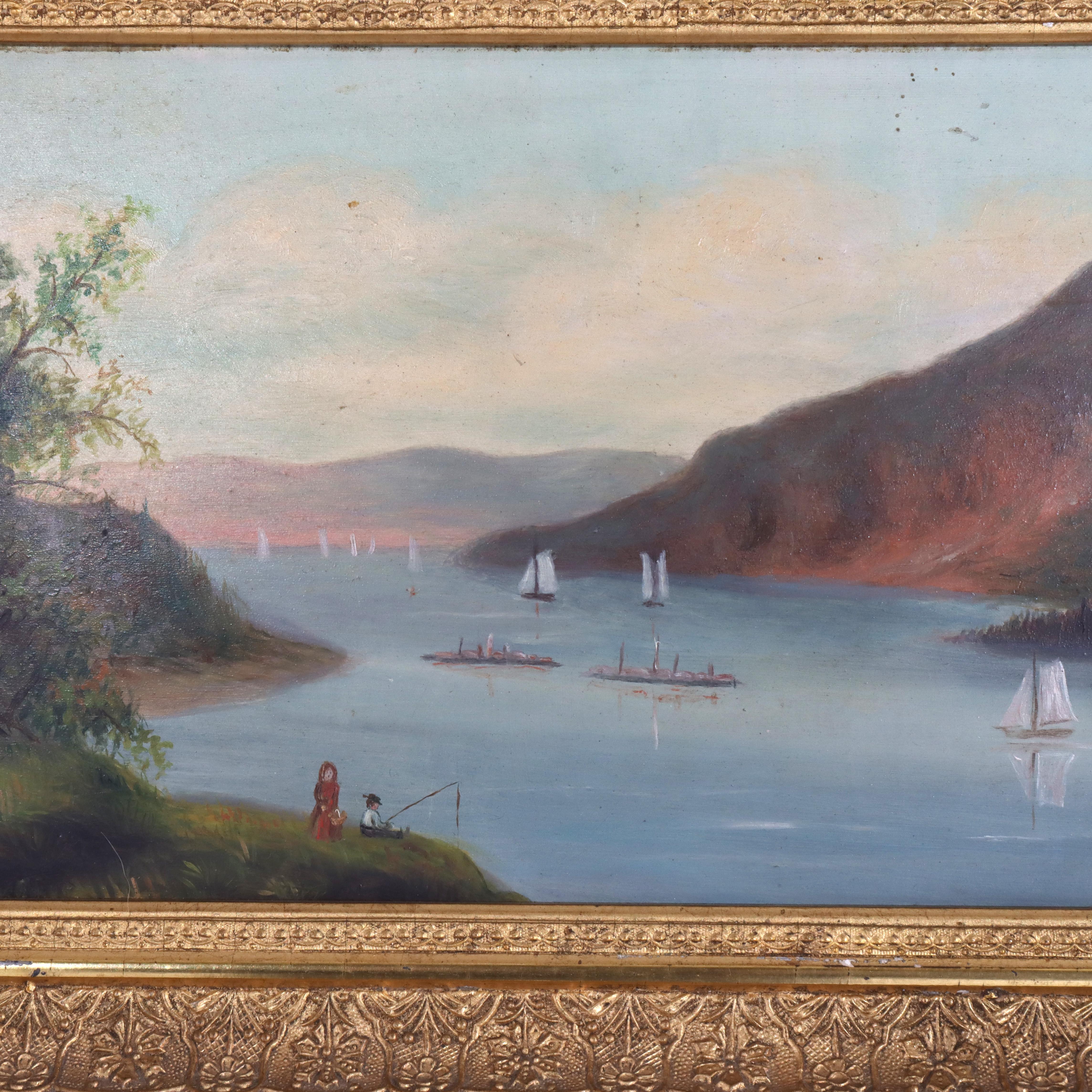 Ancienne huile sur carton de l'école de l'Hudson River de Thomas Chambers Scène de rivière non signée C1880

Mesures - 11 1/4