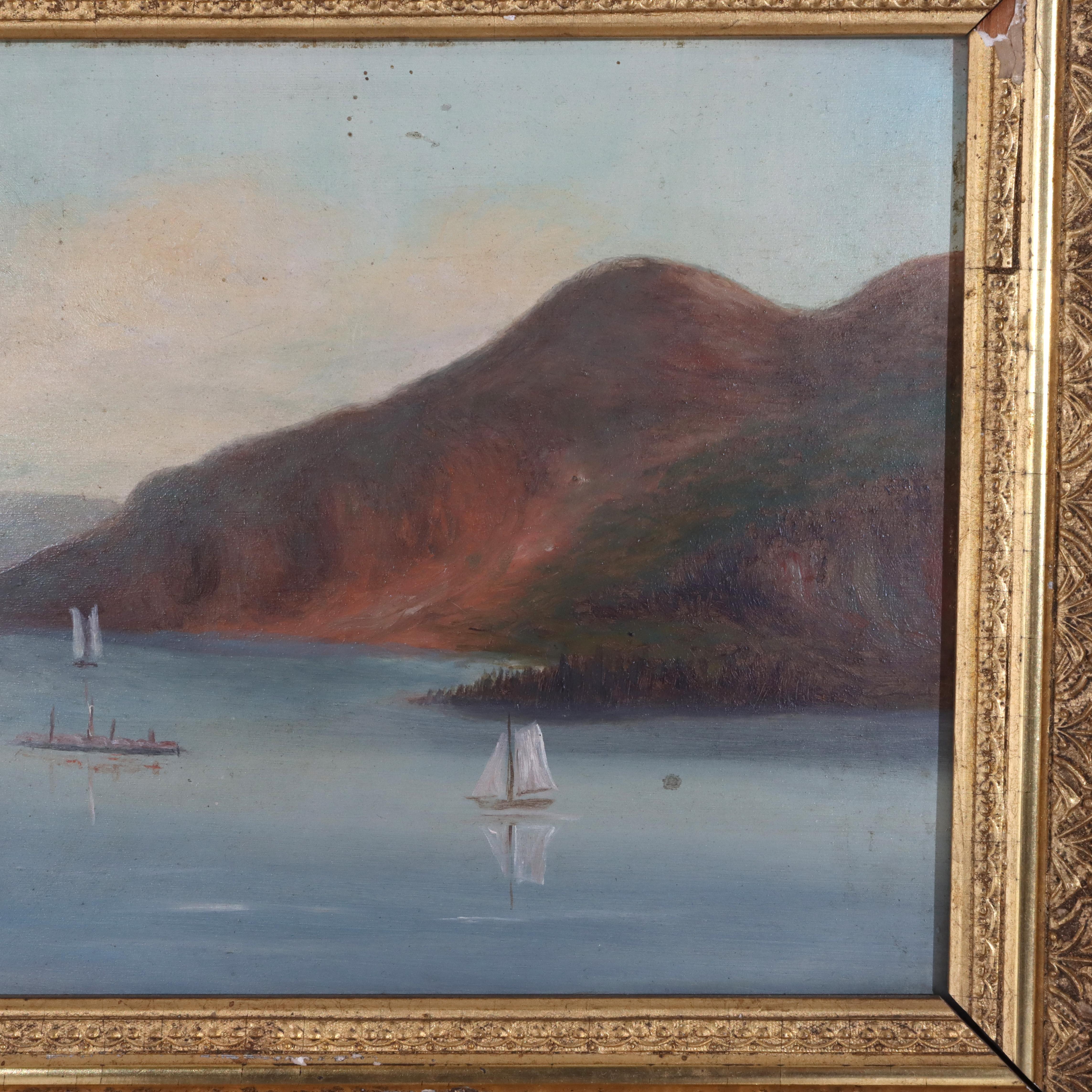 Huile sur carton ancienne de l'école de Thomas Chambers, Hudson River Scene c1880 Bon état - En vente à Big Flats, NY