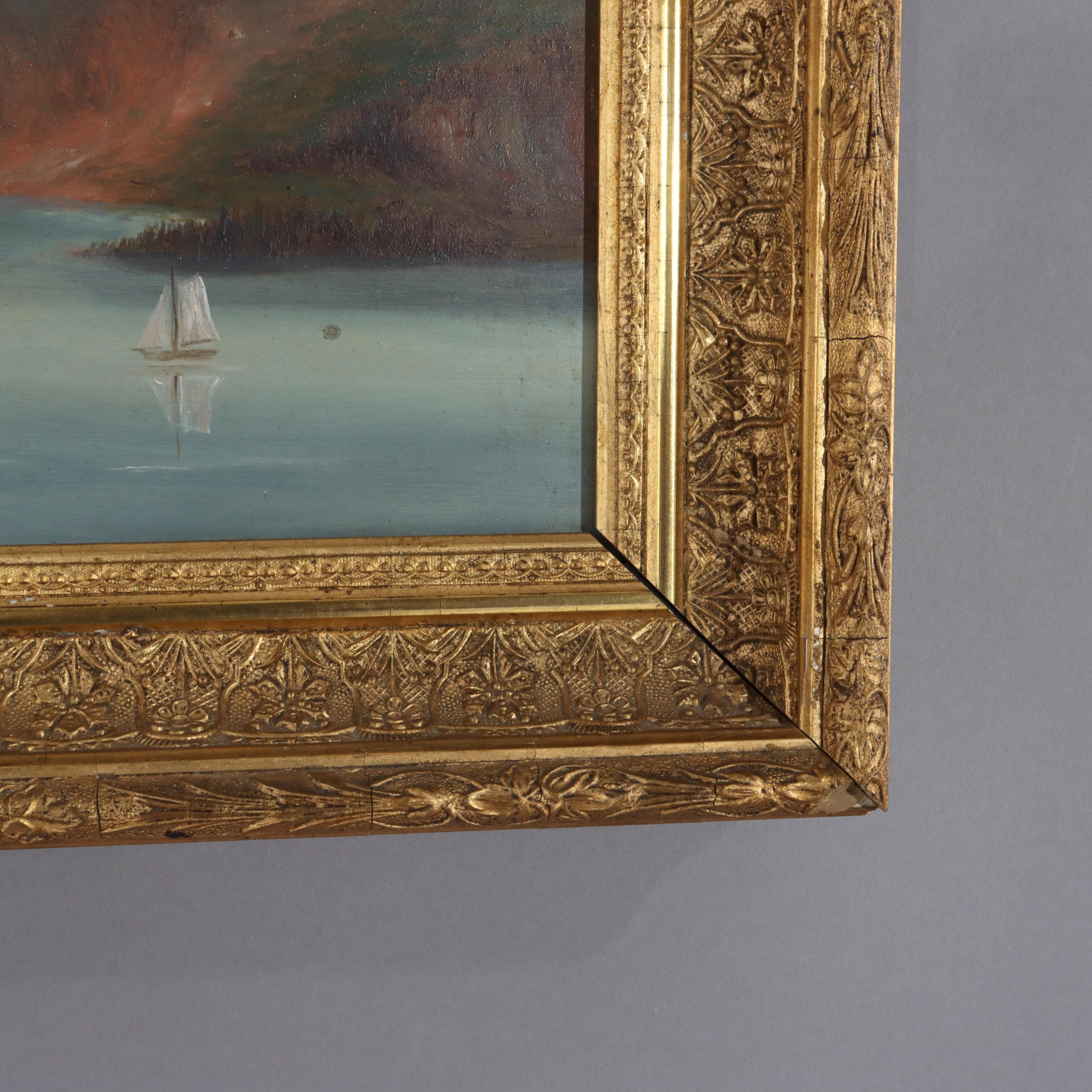 XIXe siècle Huile sur carton ancienne de l'école de Thomas Chambers, Hudson River Scene c1880 en vente