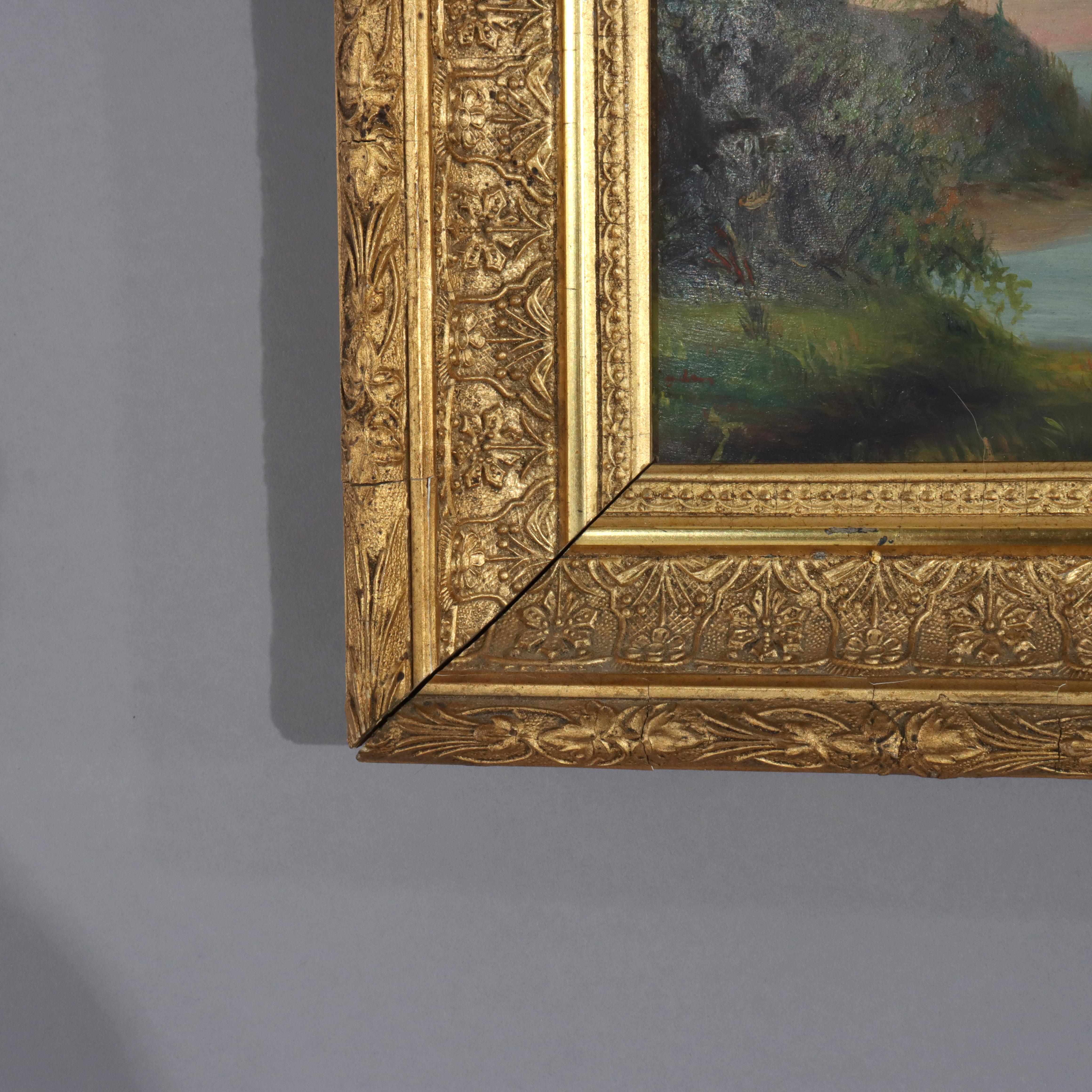 Bois doré Huile sur carton ancienne de l'école de Thomas Chambers, Hudson River Scene c1880 en vente